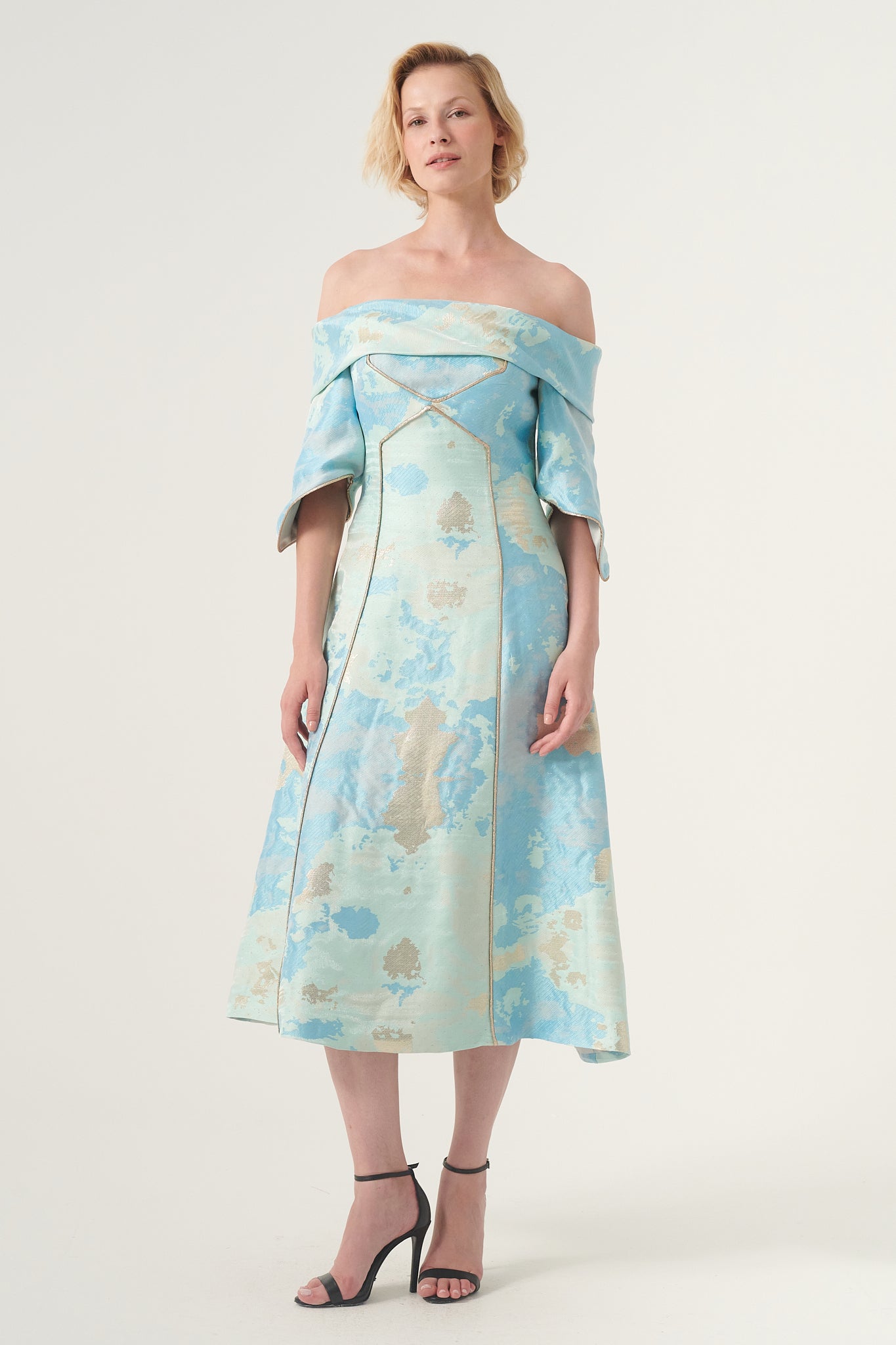 Cape detail sleeve A-line midi length patterned jacquard dress John Paul Ataker Cape detail sleeve A-line midi length patterned jacquard dress John Paul Ataker