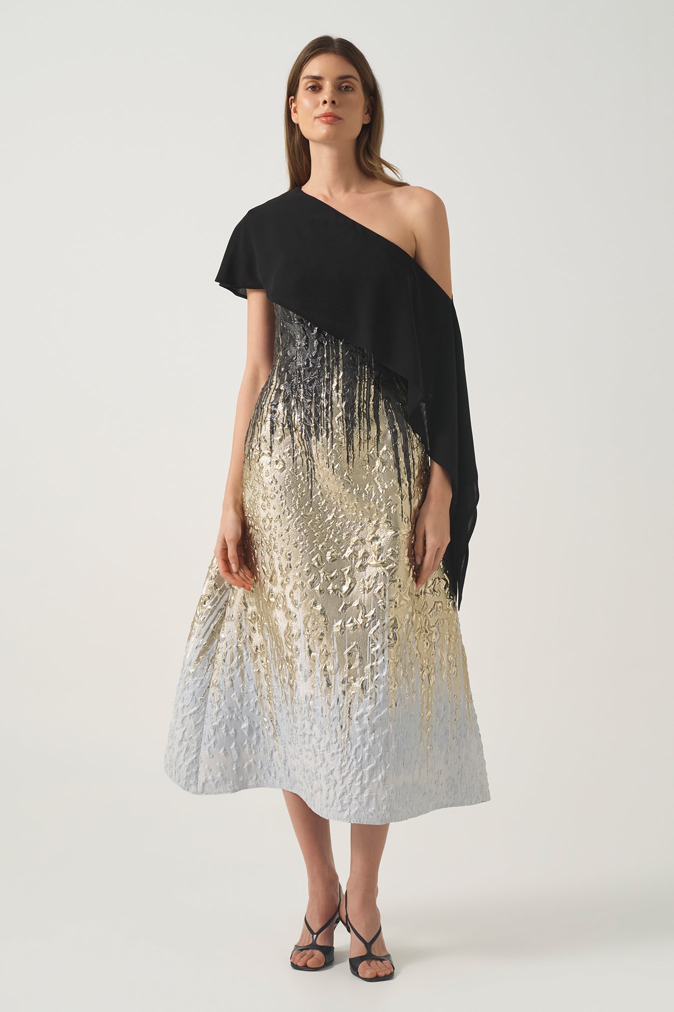 one shoulder a line midi dress One-Shoulder Gradient Jacquard Midi Dress Charcoal/Gold/White