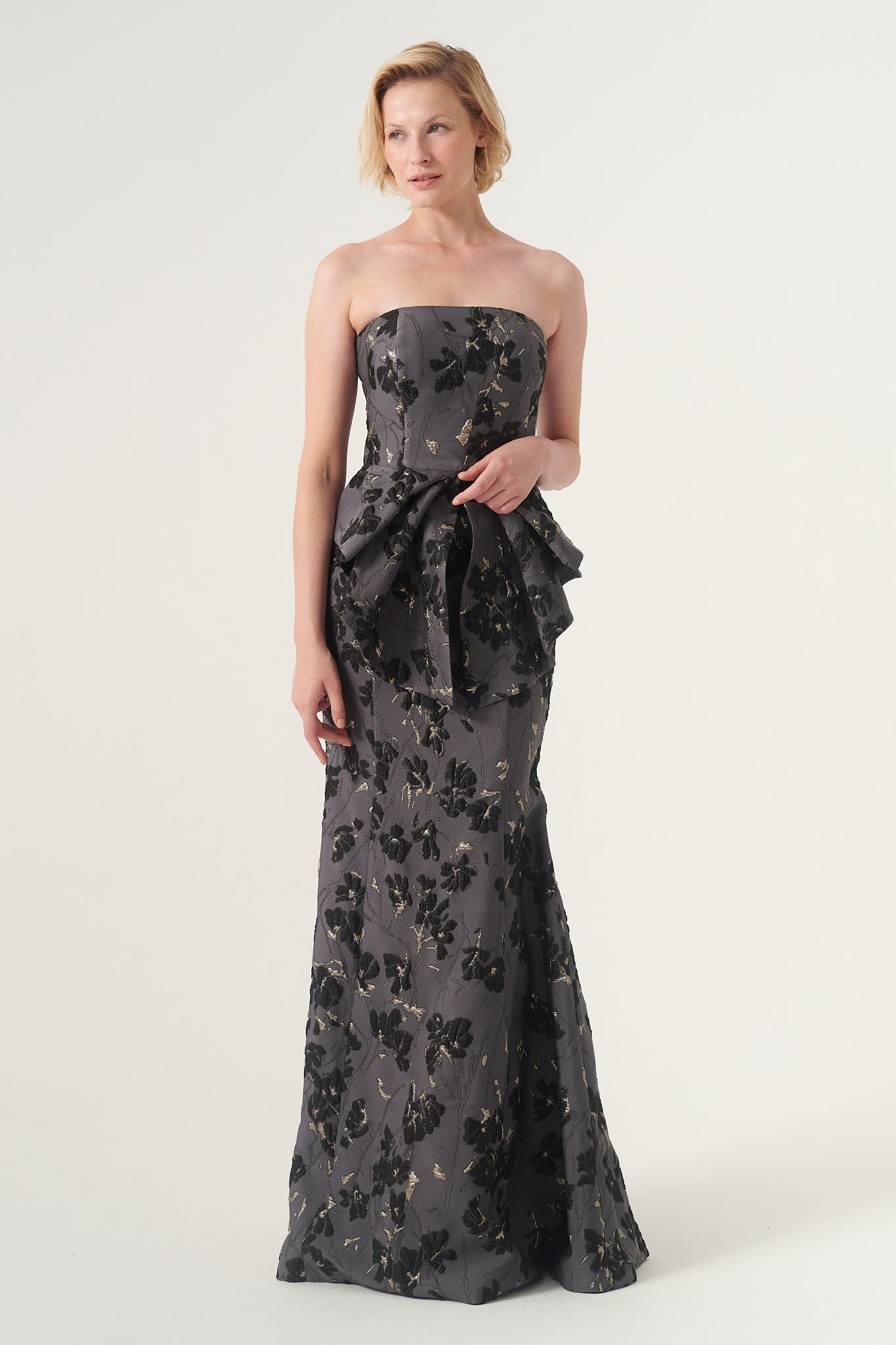Peplum detail mermaid silhouette long evening dress Bronze Peplum detail mermaid silhouette long evening dress Bronze