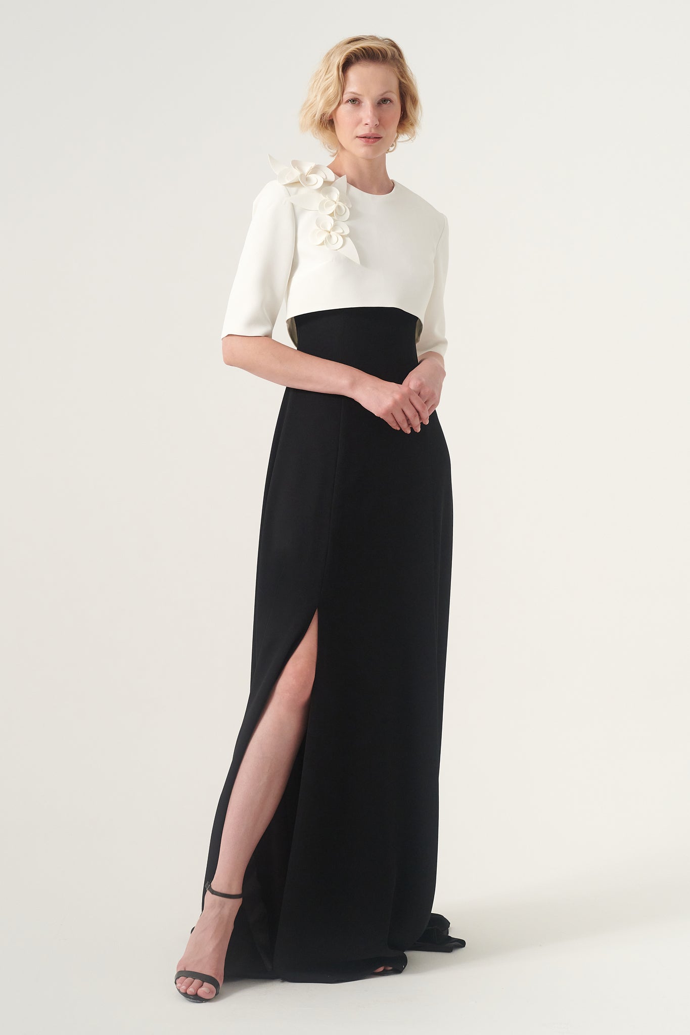formal dress with elbow length sleeves COLUMN EVENING GOWN WITH ELBOW LENGTH SLEEVES AND ATTACHED MULLET PEPLUM | CULT MIA