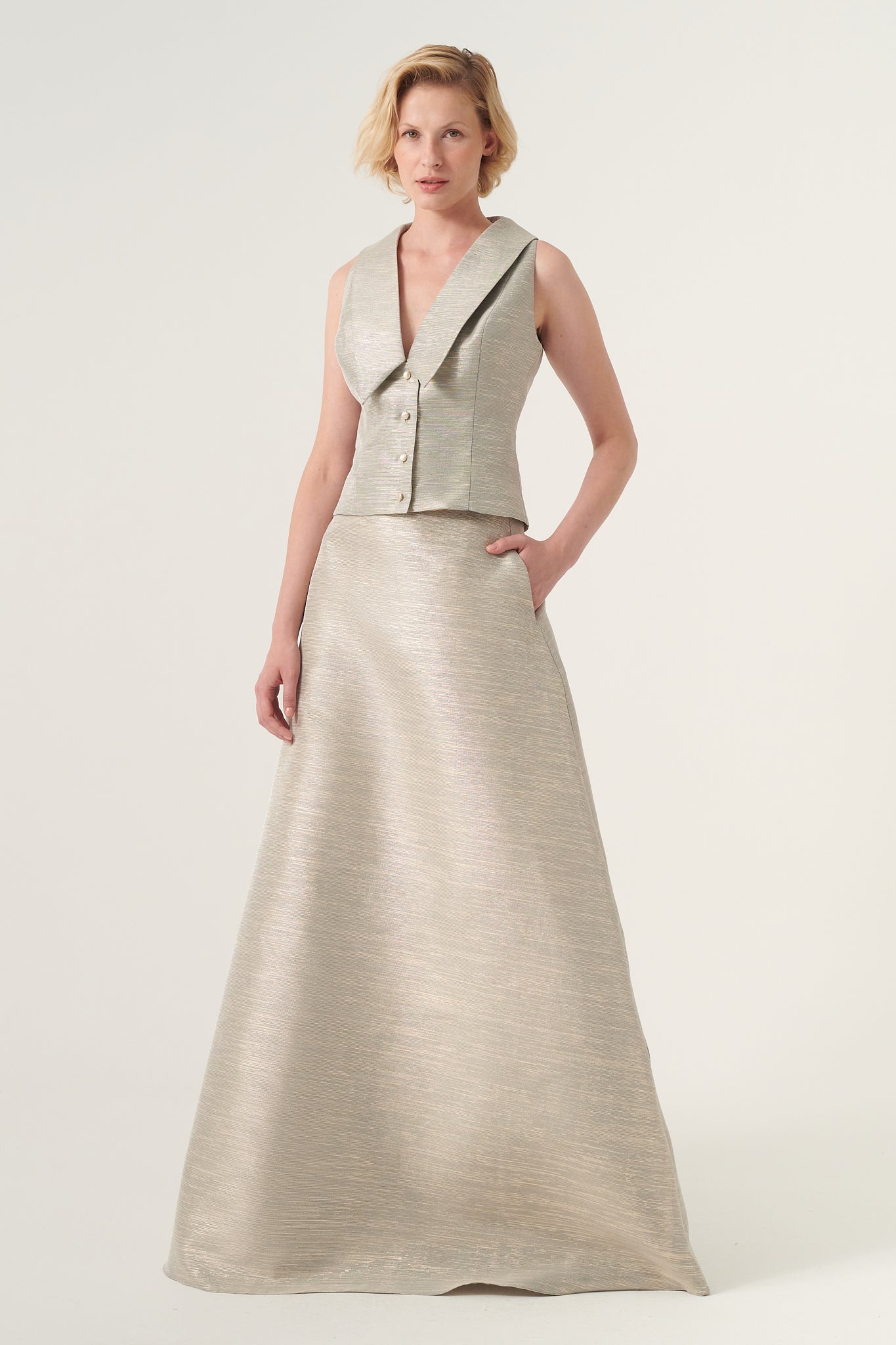 metallic vest dress Linen metallic tubular mesh vest | Pearl Silver