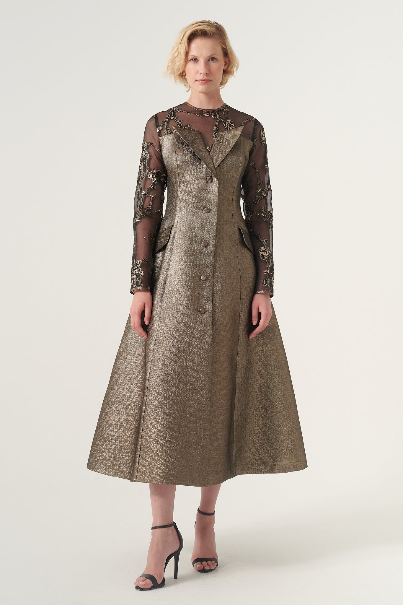 Jewel neck detail long sleeve midi length A-line brocade gown John Paul Ataker Jewel neck detail long sleeve midi length A-line brocade gown John Paul Ataker
