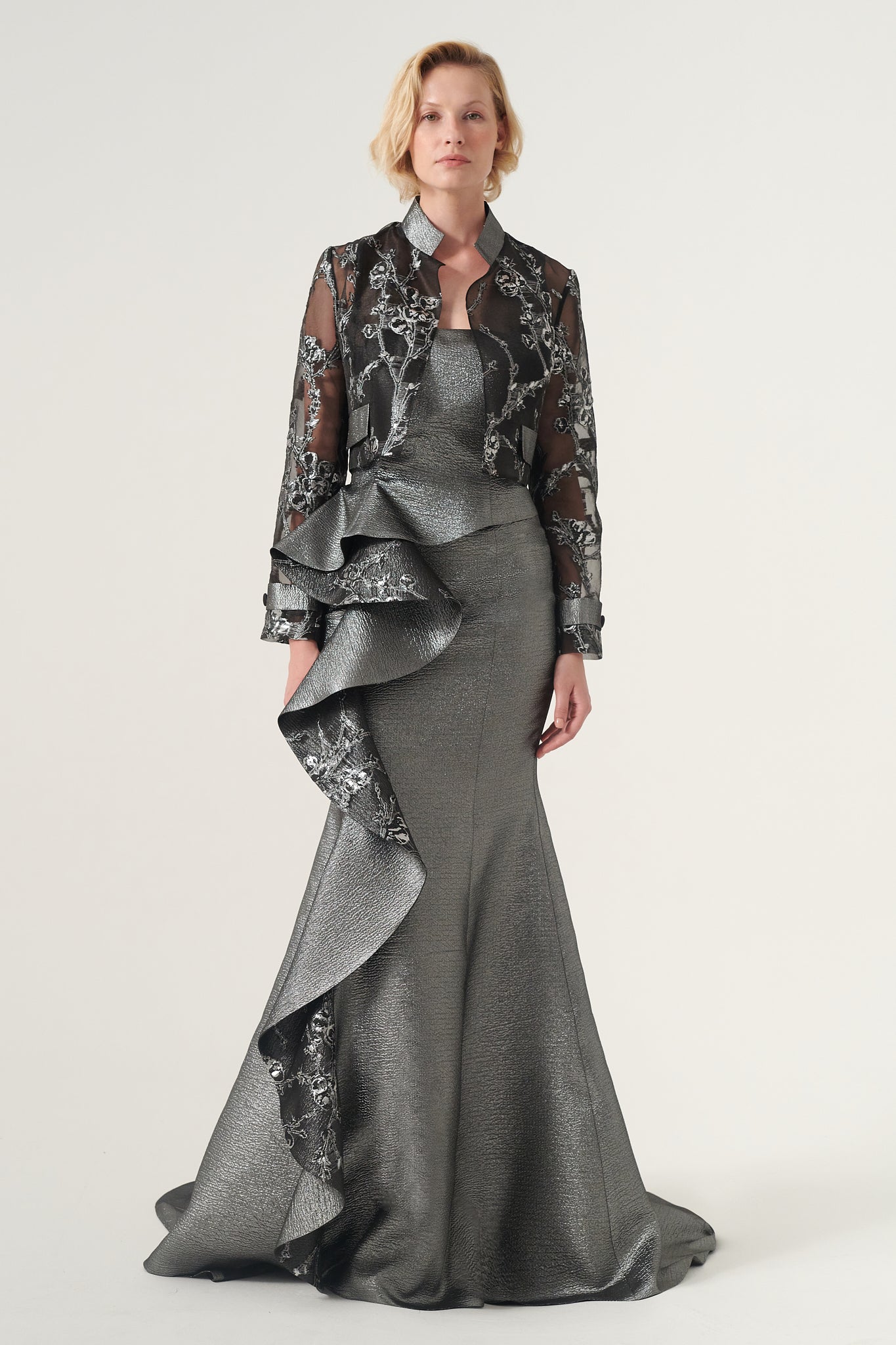 Long-Sleeve Patterned Organza Jacket With Strapless Mermaid Dress - Silver / JACKET Long-Sleeve Patterned Organza Jacket With Strapless Mermaid Dress - Silver / JACKET