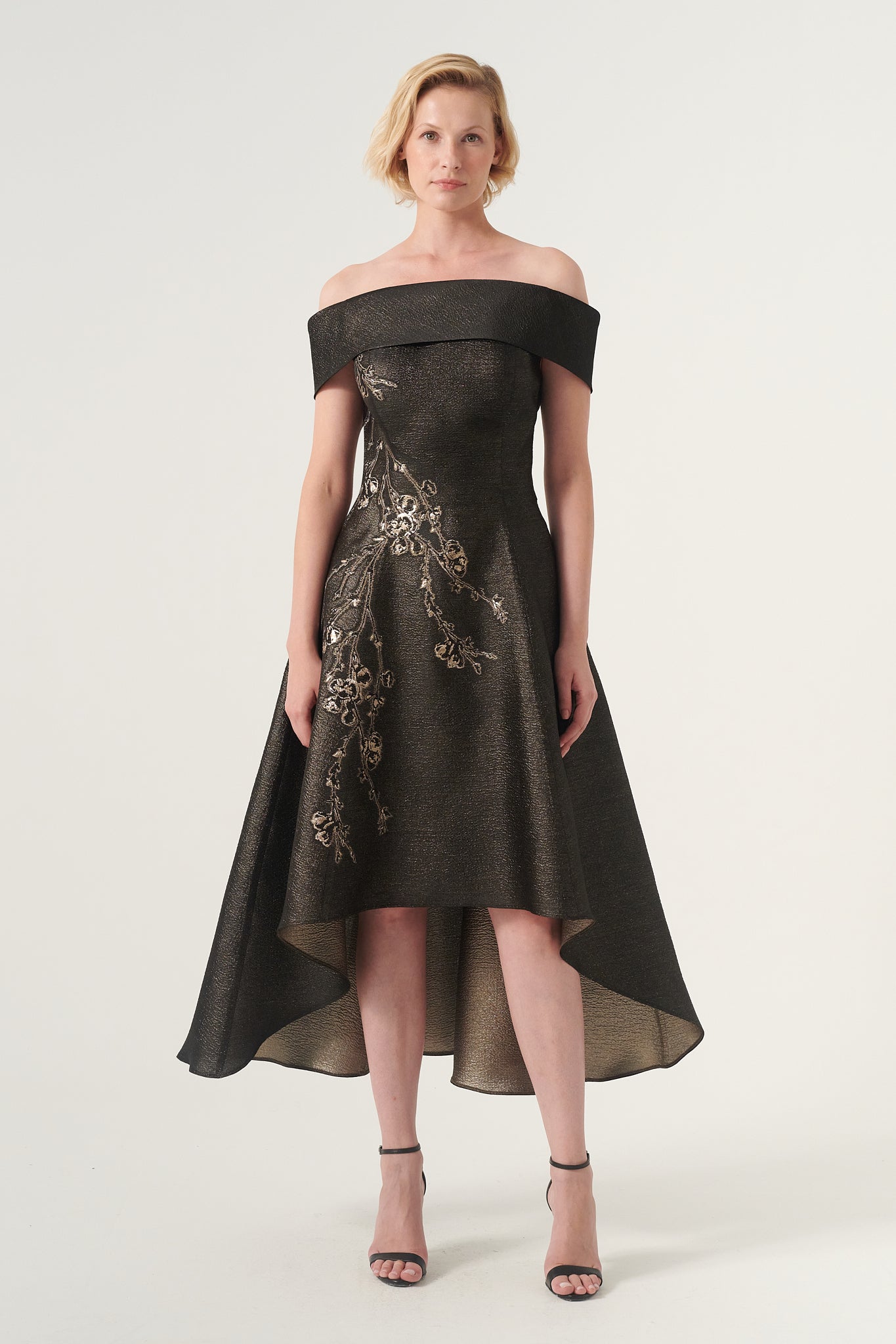 Off-The-S,houlder Applique Detail High Low Brocade Dress Petrol Off-The-S,houlder Applique Detail High Low Brocade Dress Petrol