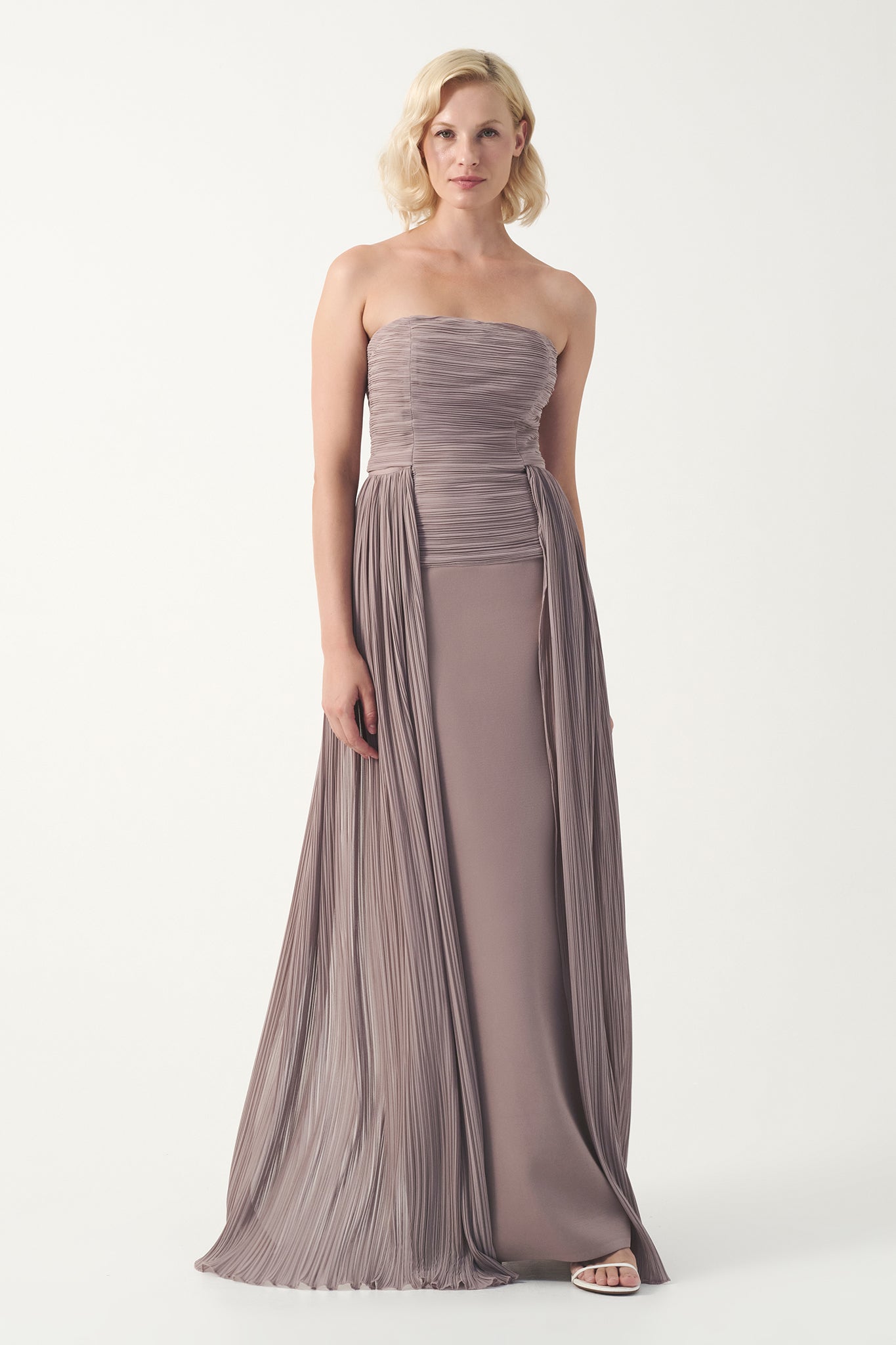 pleated overlay dress One-Shoulder Gown with Pleated Overlay and Sheer Sleeve 44687
