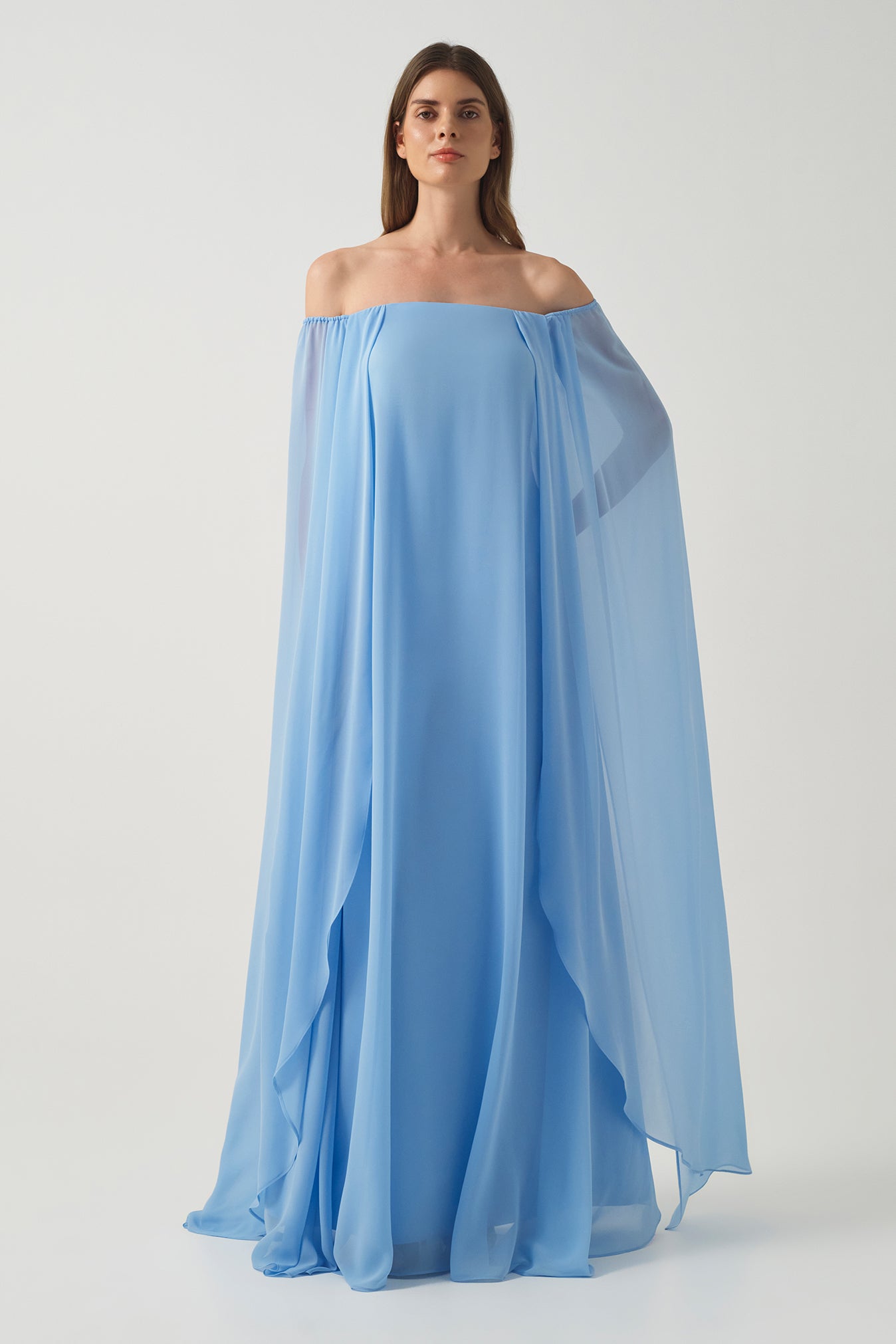 Chiffon Long Dress with Cape Silhouette Brown Chiffon Long Dress with Cape Silhouette Brown