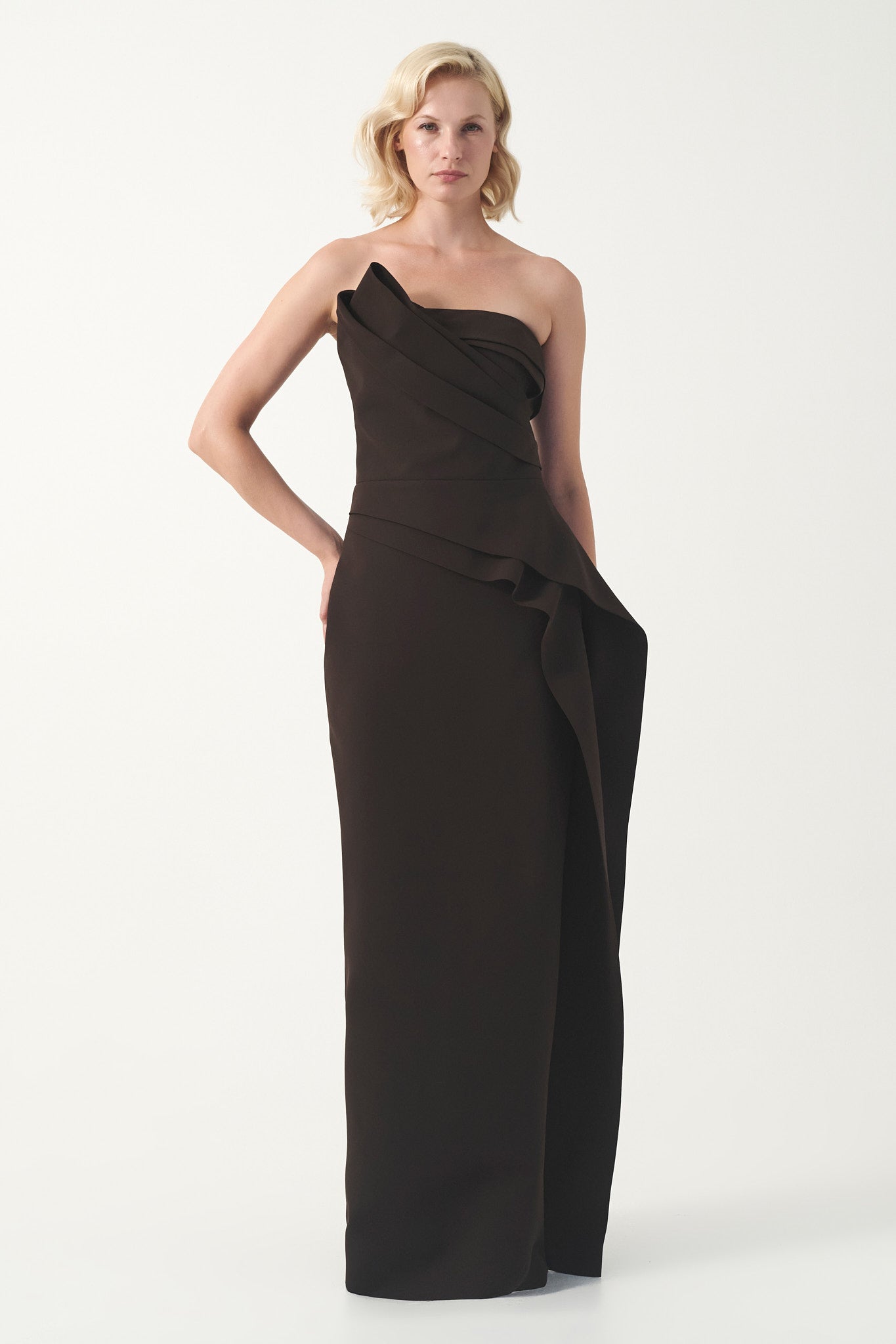 Strapless Draped Long Dress with Sculptural Detail Purple Strapless Draped Long Dress with Sculptural Detail Purple