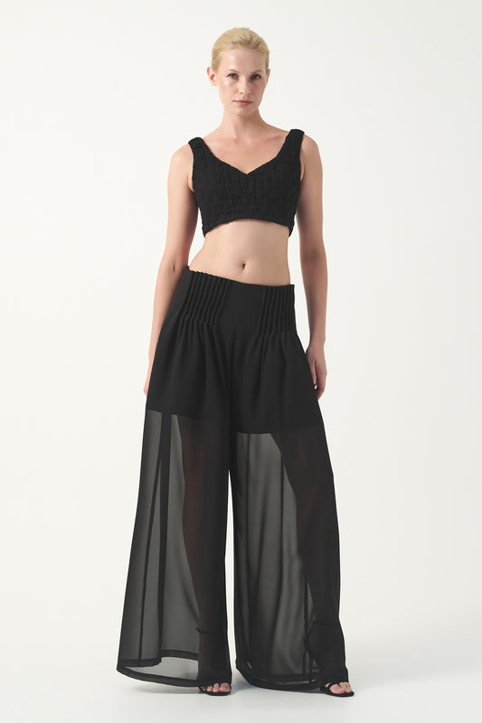 Basket Weave Crop with Sheer Wide-Leg Pants