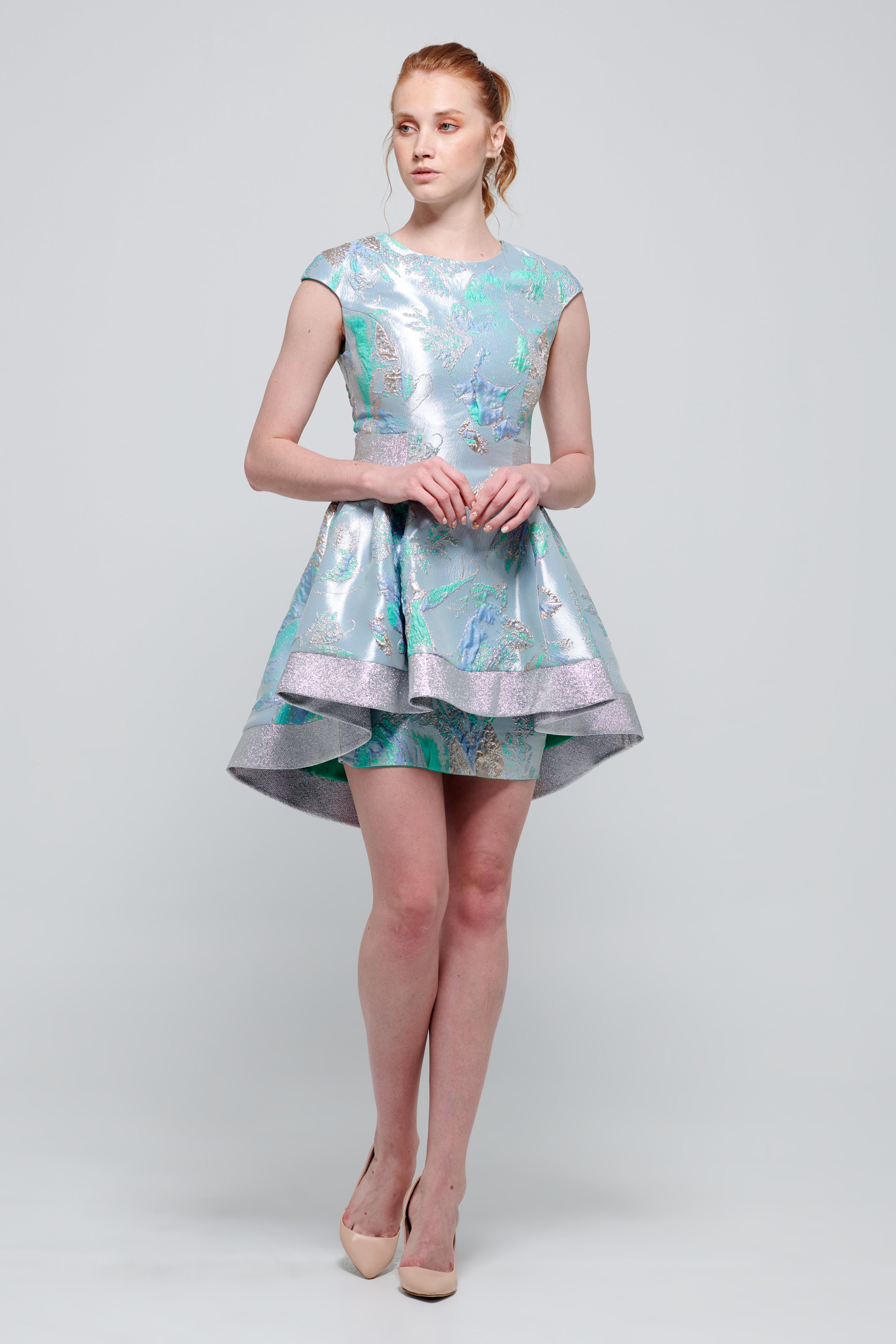 Round Neckline Cap Sleeves Mini Floral Jacquard Dress John Paul Ataker Round Neckline Cap Sleeves Mini Floral Jacquard Dress John Paul Ataker