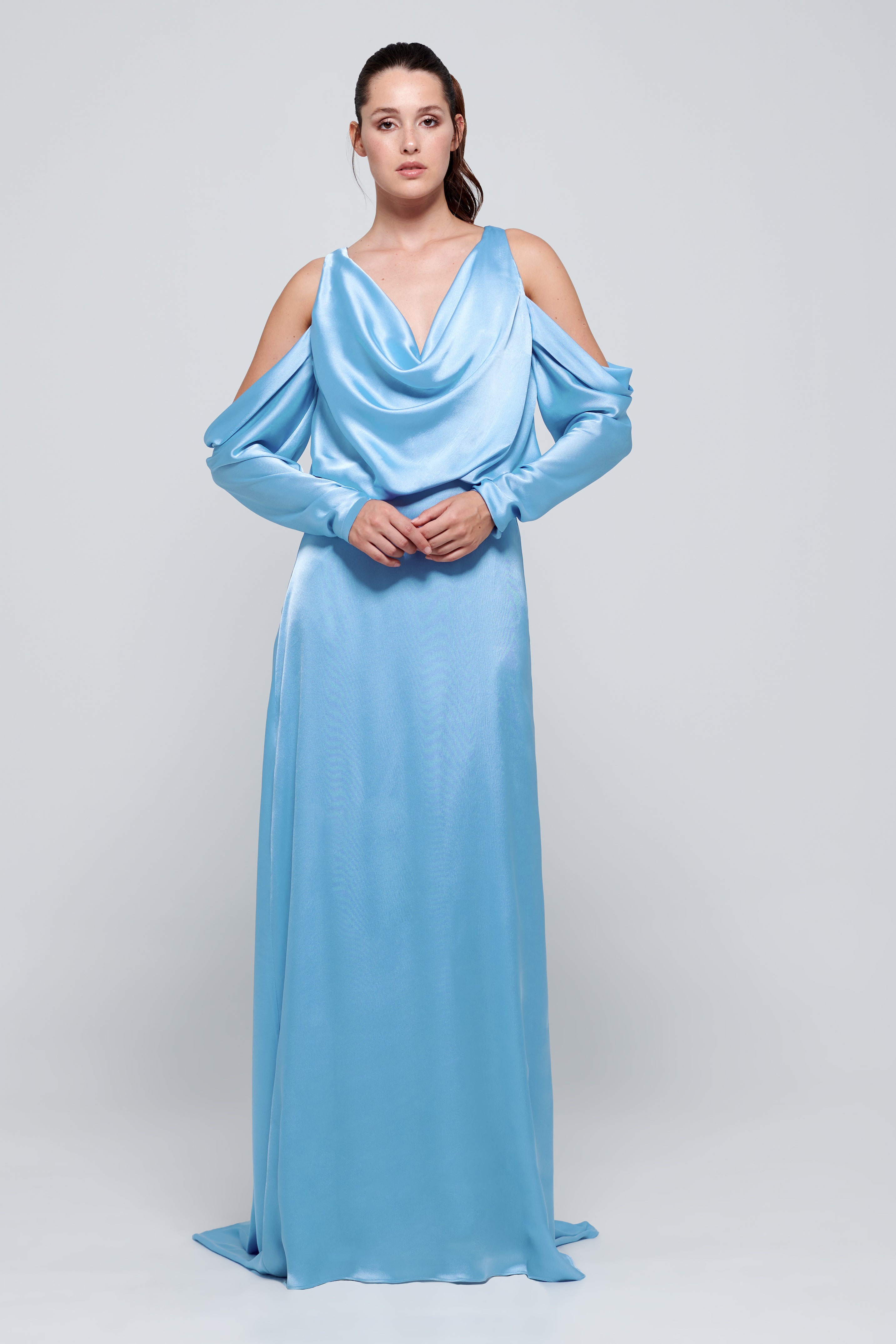 cold shoulder silk dress Women's The Whisper Pleated Cold Shoulder Sleeved Mesh Silk Floor Length Dress XS/S/M/L/Customize Baby Pink MEAN BLVD Baby Pink / XS