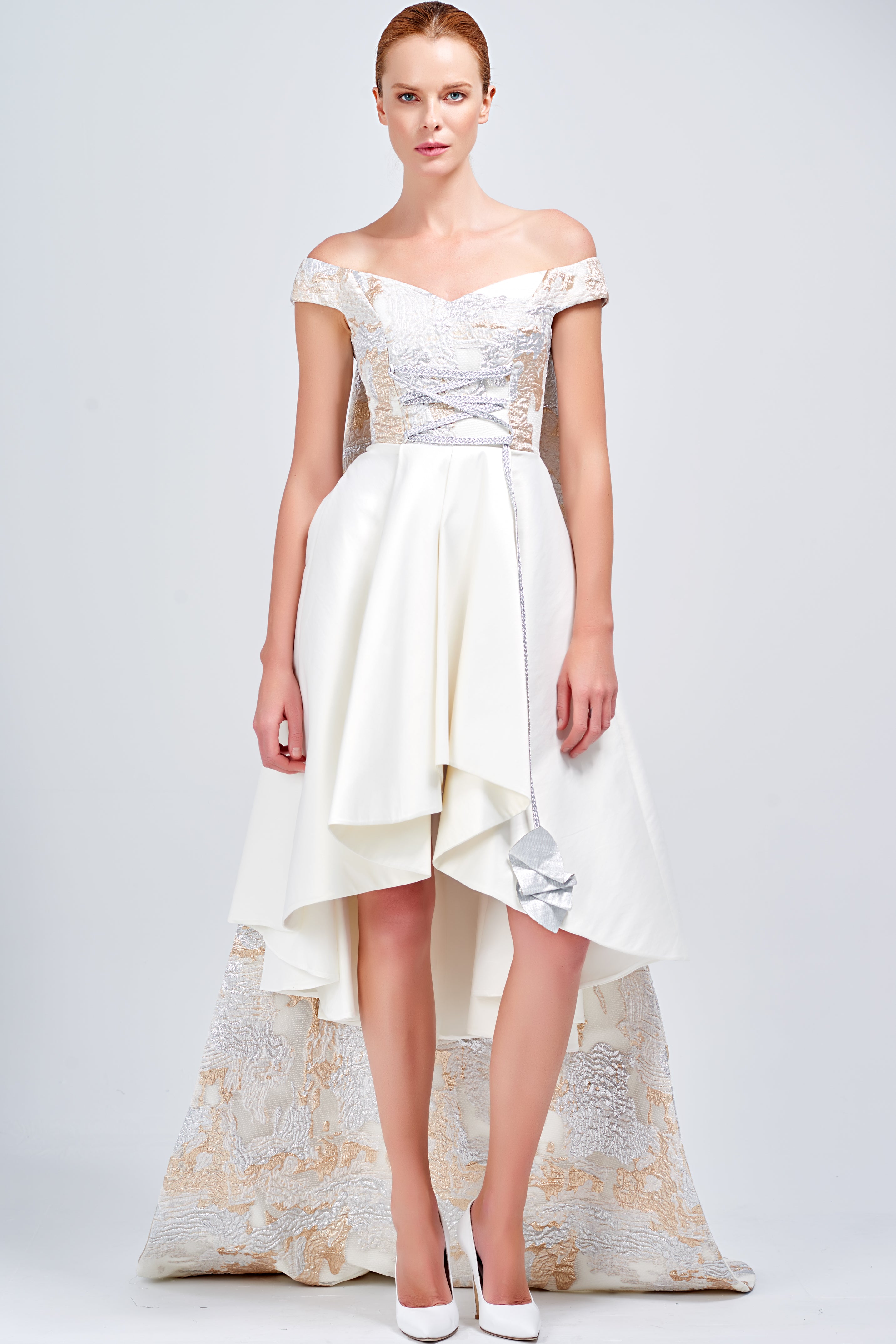 Metallic Burn-Out Organza and Taffeta Short Dress with Train – John Paul Ataker Metallic Burn-Out Organza and Taffeta Short Dress with Train – John Paul Ataker