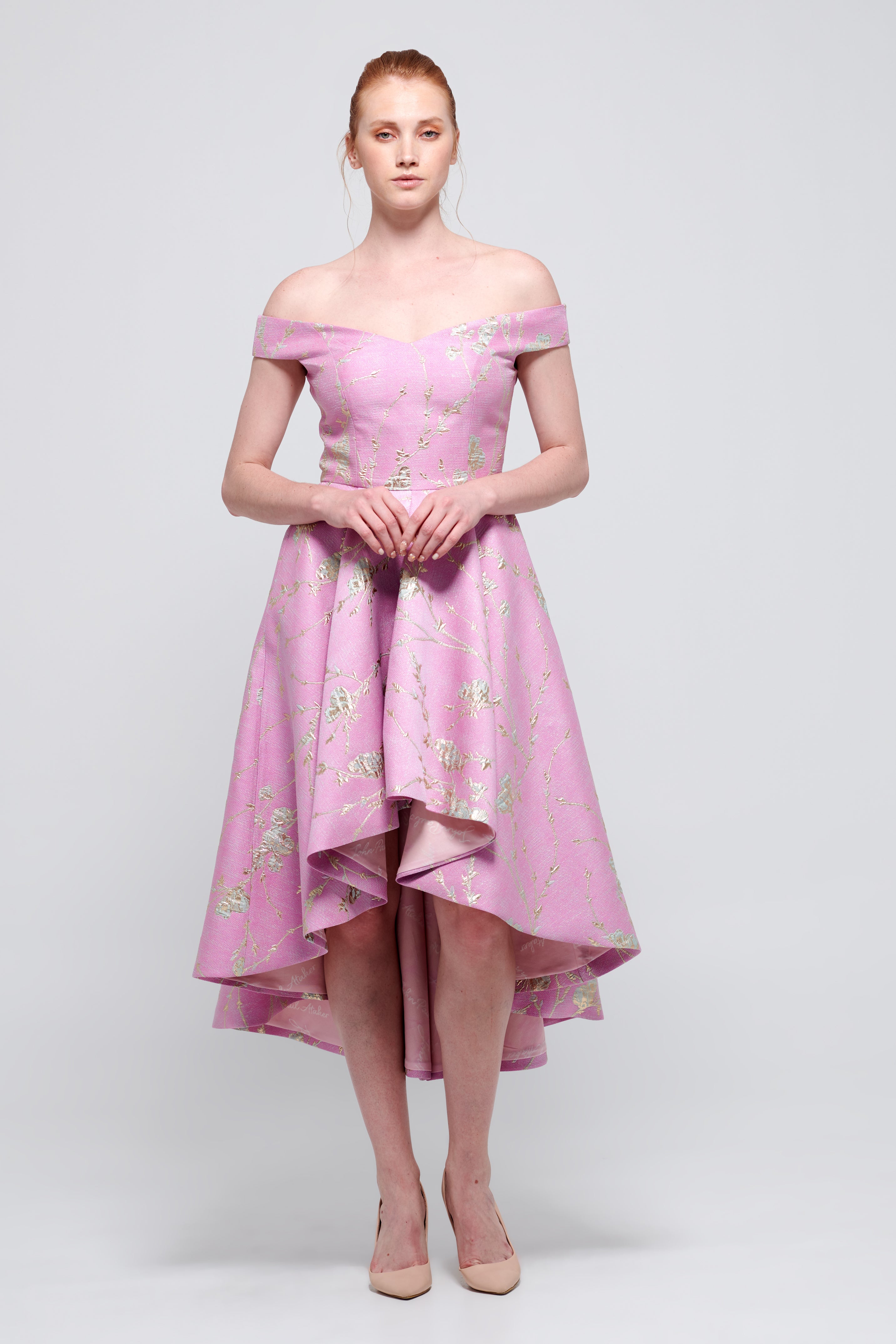 Off-The-Shoulder Metallic Floral Jacquard Dress Blush Off-The-Shoulder Metallic Floral Jacquard Dress Blush