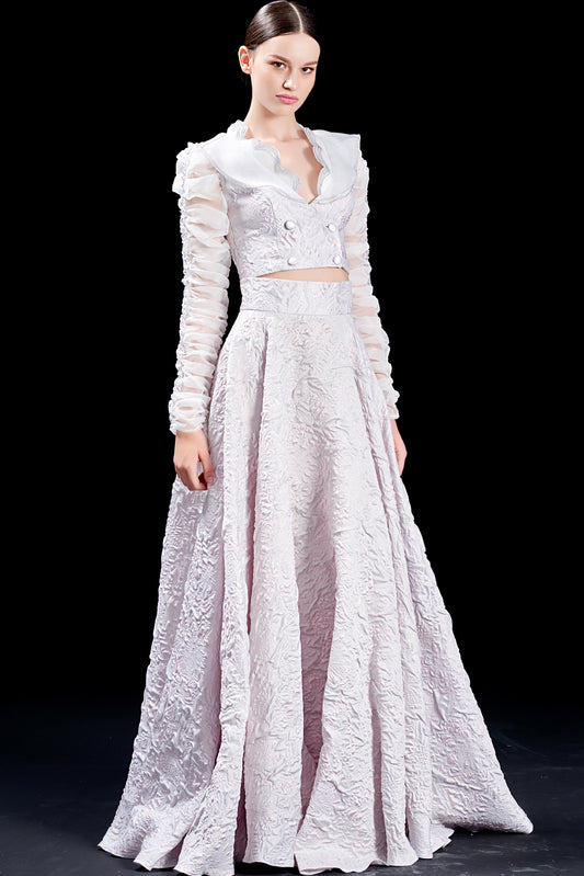 Organza Ruffled Jacquard Jacket with Metallic Yarn Detail and Jacquard Skirt with Metallic Yarn Detail