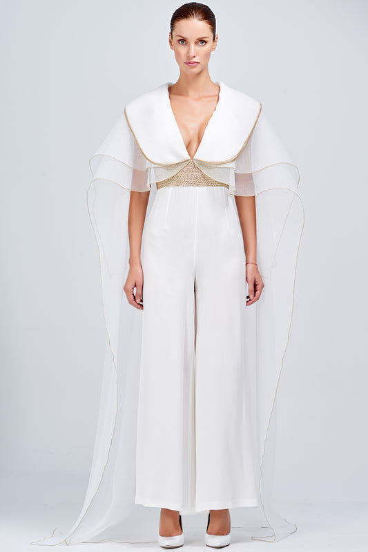 Viscose Satin Jumpsuit with Organza Cape