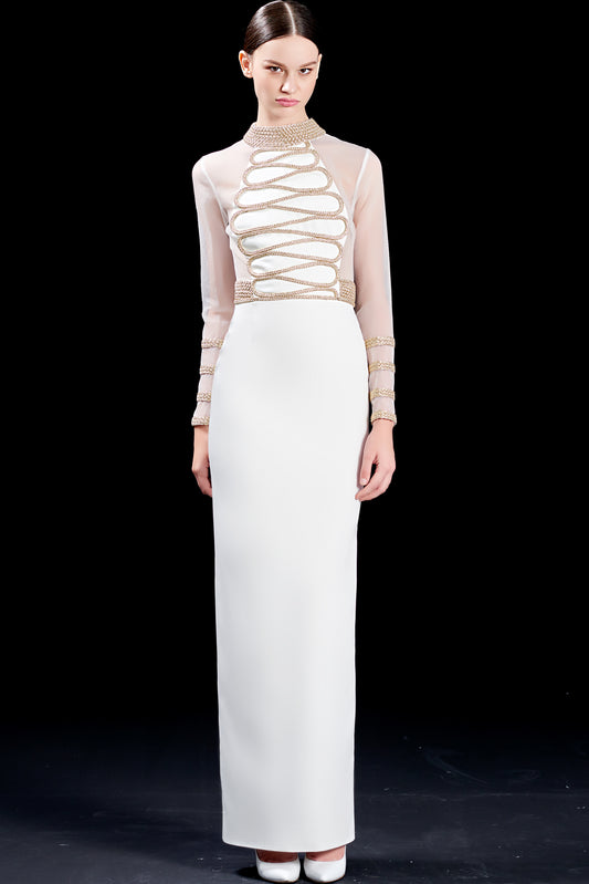 Metallic Cord and Band Detailed Faille and Organza Long Dress