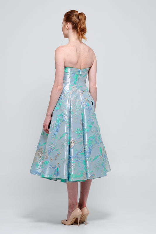 Strapless Midi Length Floral Broderie Jacquard Dress