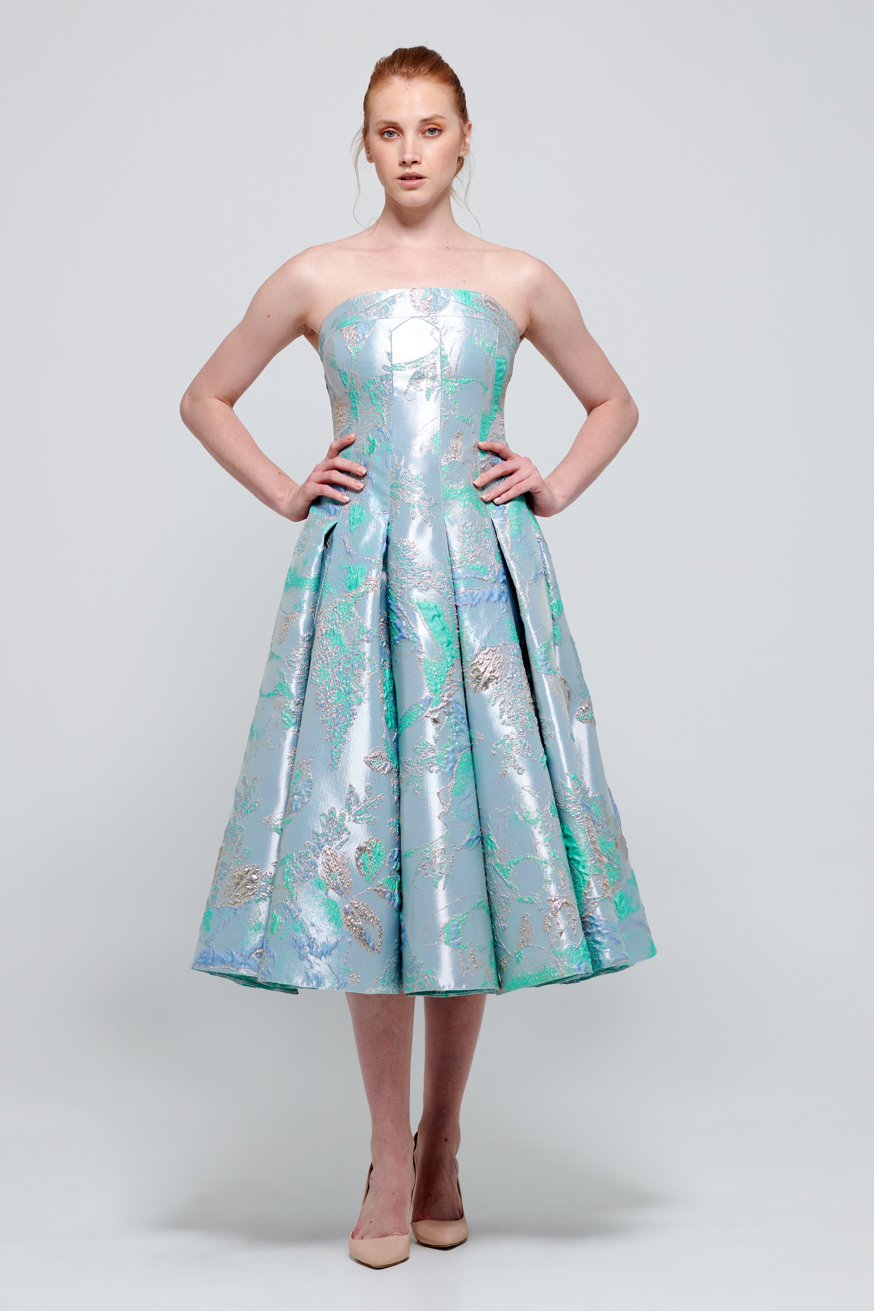 Strapless Midi Length Floral Broderie Jacquard Dress Mint Strapless Midi Length Floral Broderie Jacquard Dress Mint