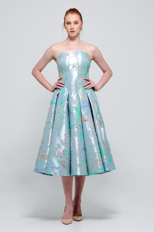 Strapless Midi Length Floral Broderie Jacquard Dress