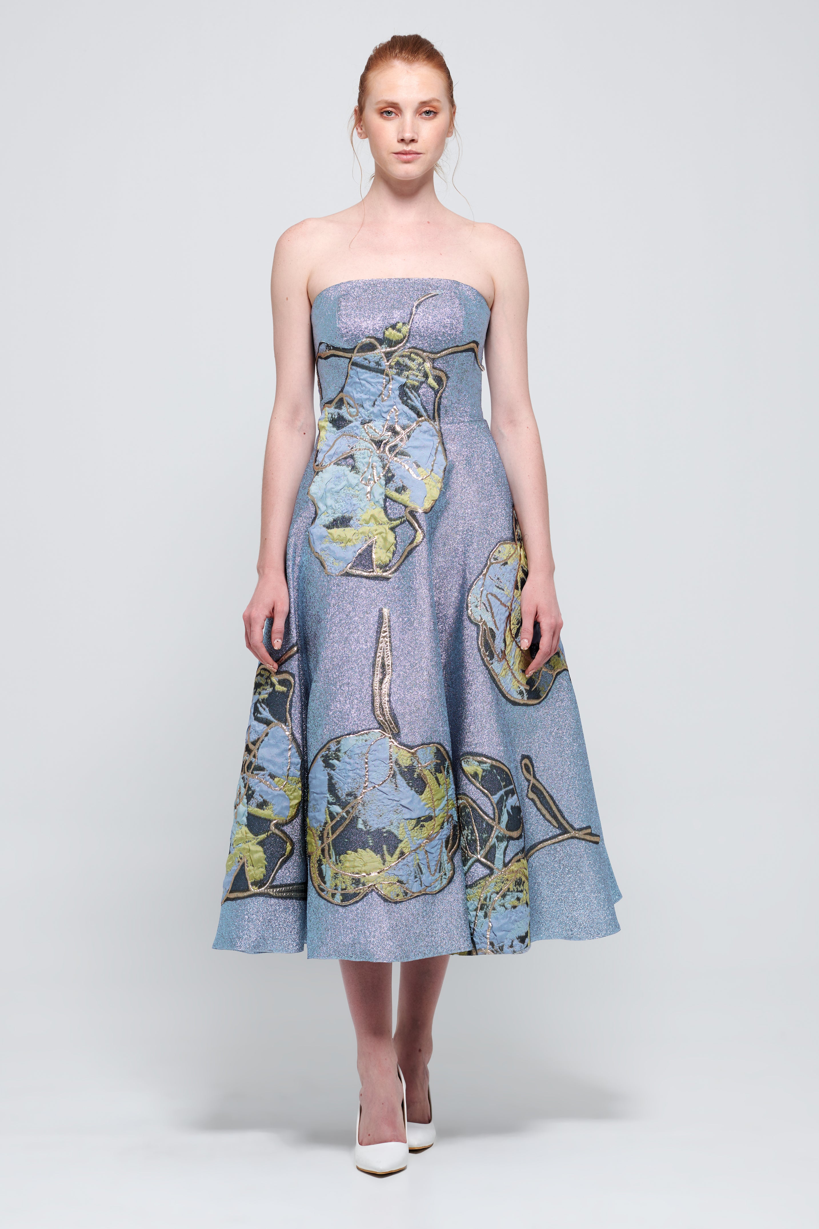 Light Blue Metallic Jacquard Midi Strapless Dress