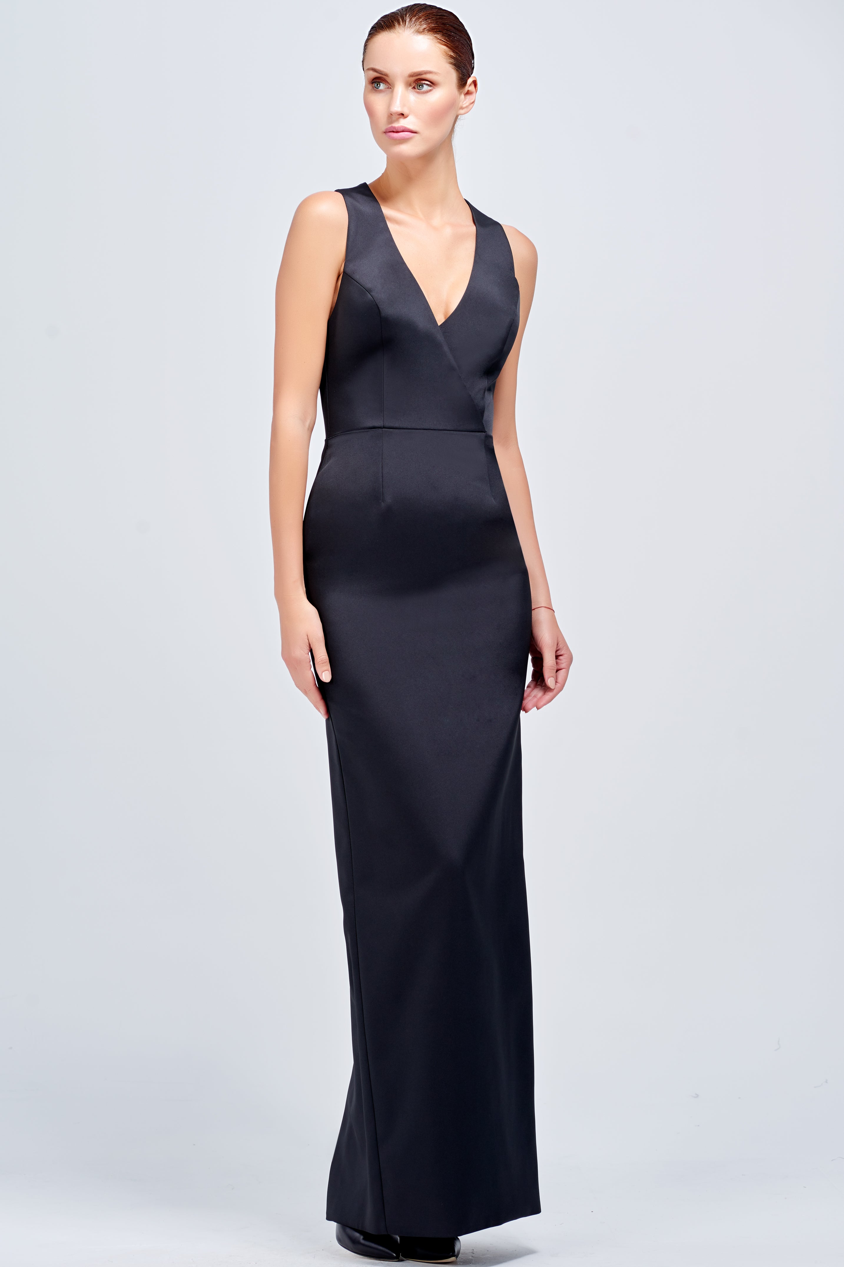 v shape long dress Sherri Hill 57937 - Long Stretch Satin Sheath Dress
