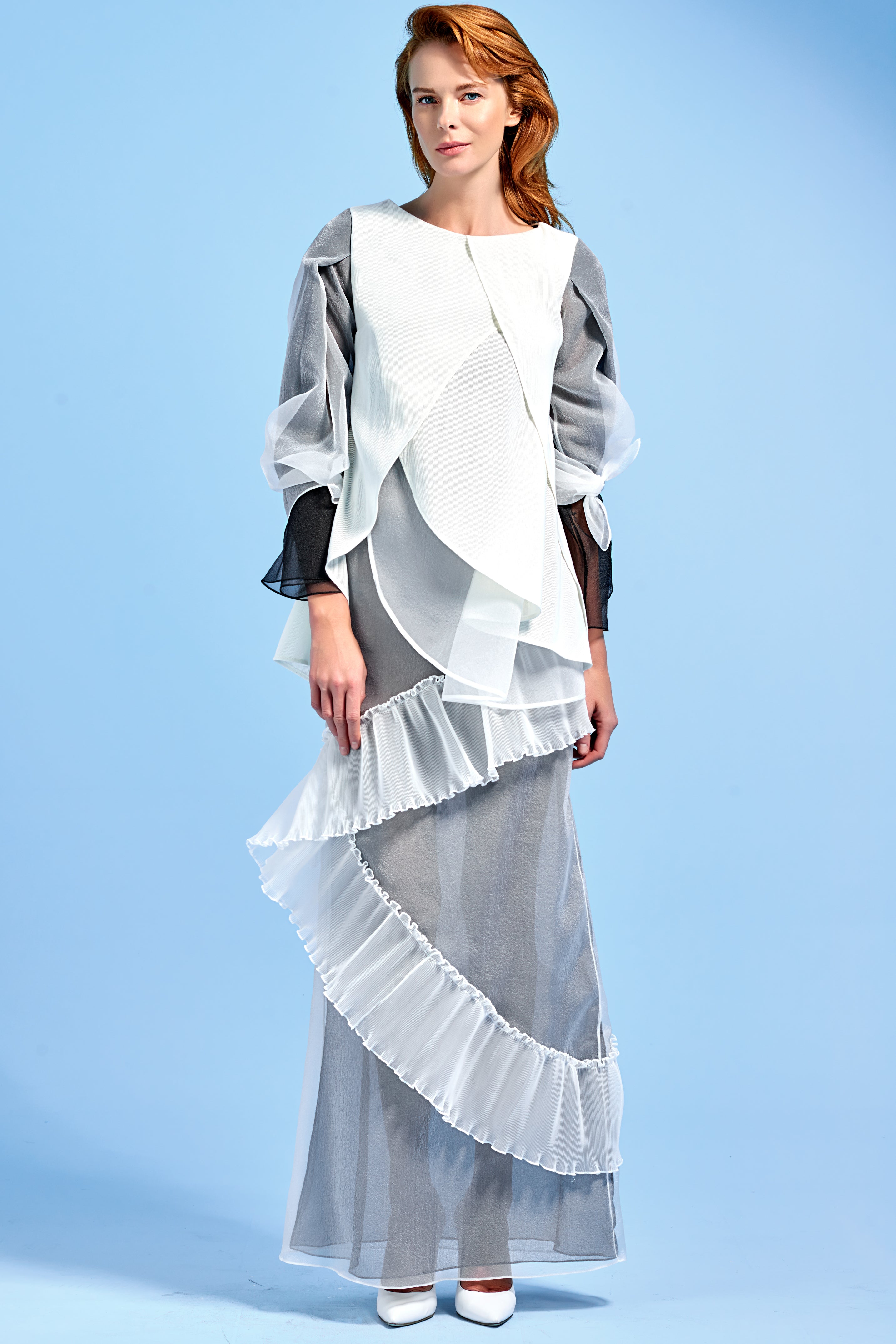 cotton organza dress Women's Malef Slit Cuff Sleeved Organza Cotton Floor Length Dress Customize Black and White MEAN BLVD