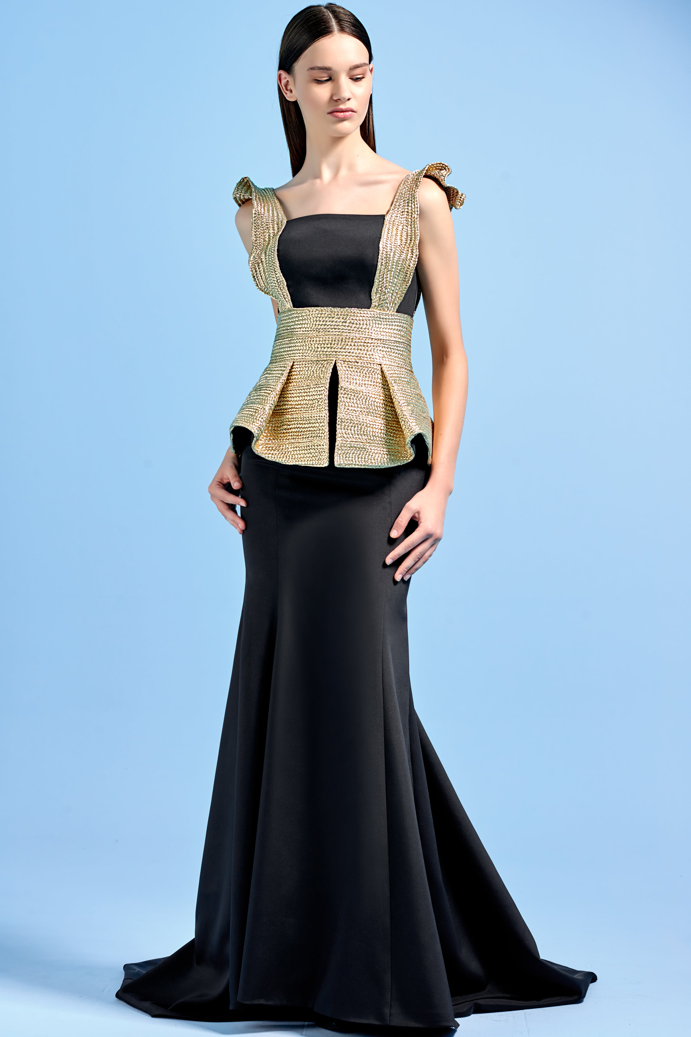 Metallic Band Peplum Faille Long Dress John Paul Ataker Metallic Band Peplum Faille Long Dress John Paul Ataker