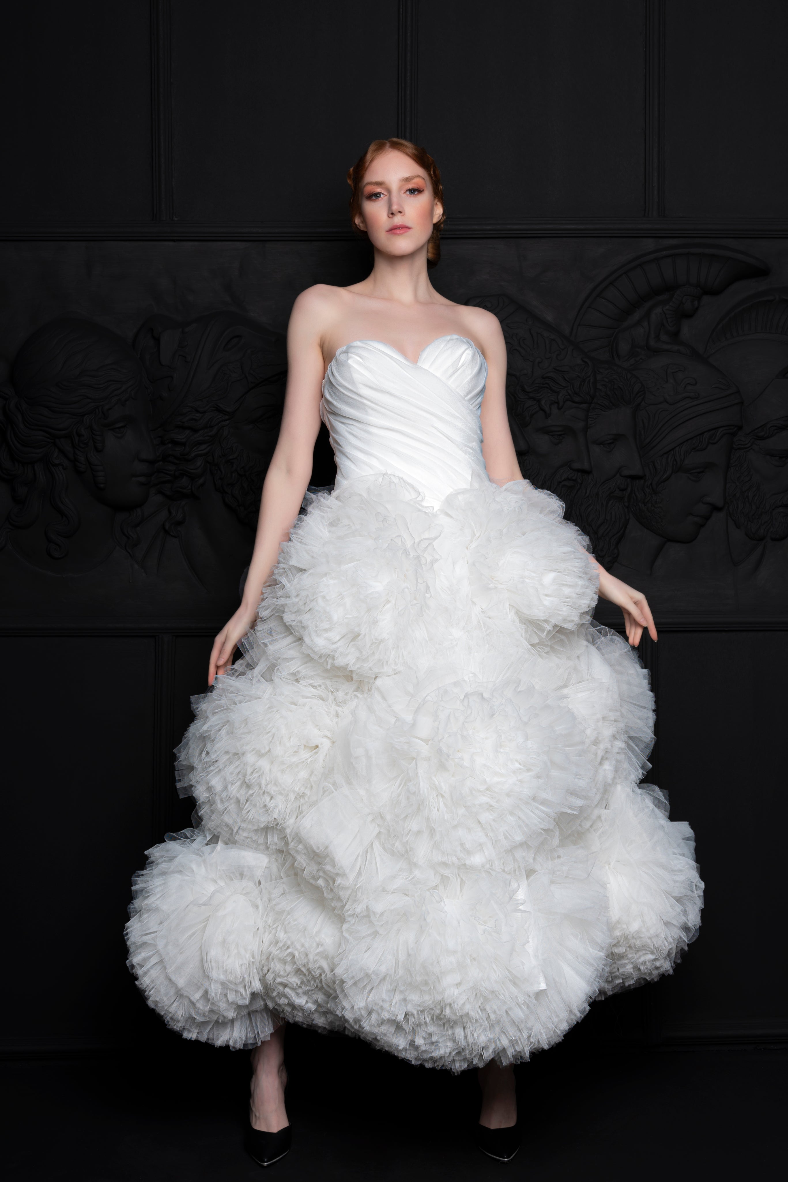 sweetheart neckline strapless wedding dress Amarra Bridal 84389 Madison A Line Ballgown Floral Tulle Train Bridal Gown 6 / Ivory/Ivory Plus Size available Pleaded Sweetheart Strapless Neckline Tea