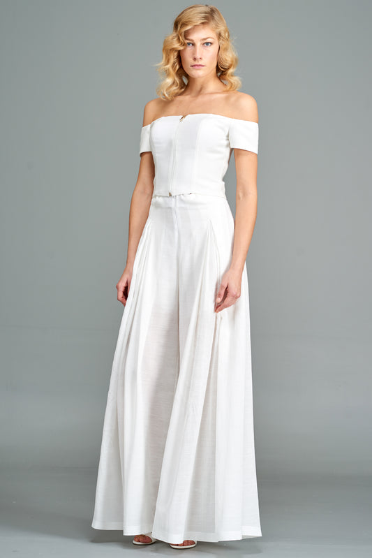 Off-Shoulder Cotton Cropped-Top with High-Waisted Wide Pleated Pant