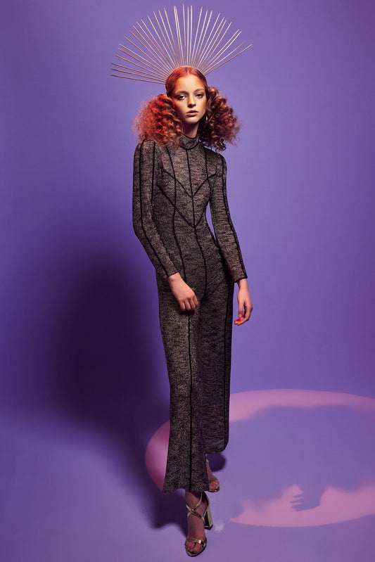 Piping Detailed Embroidery Metallic Jumpsuit