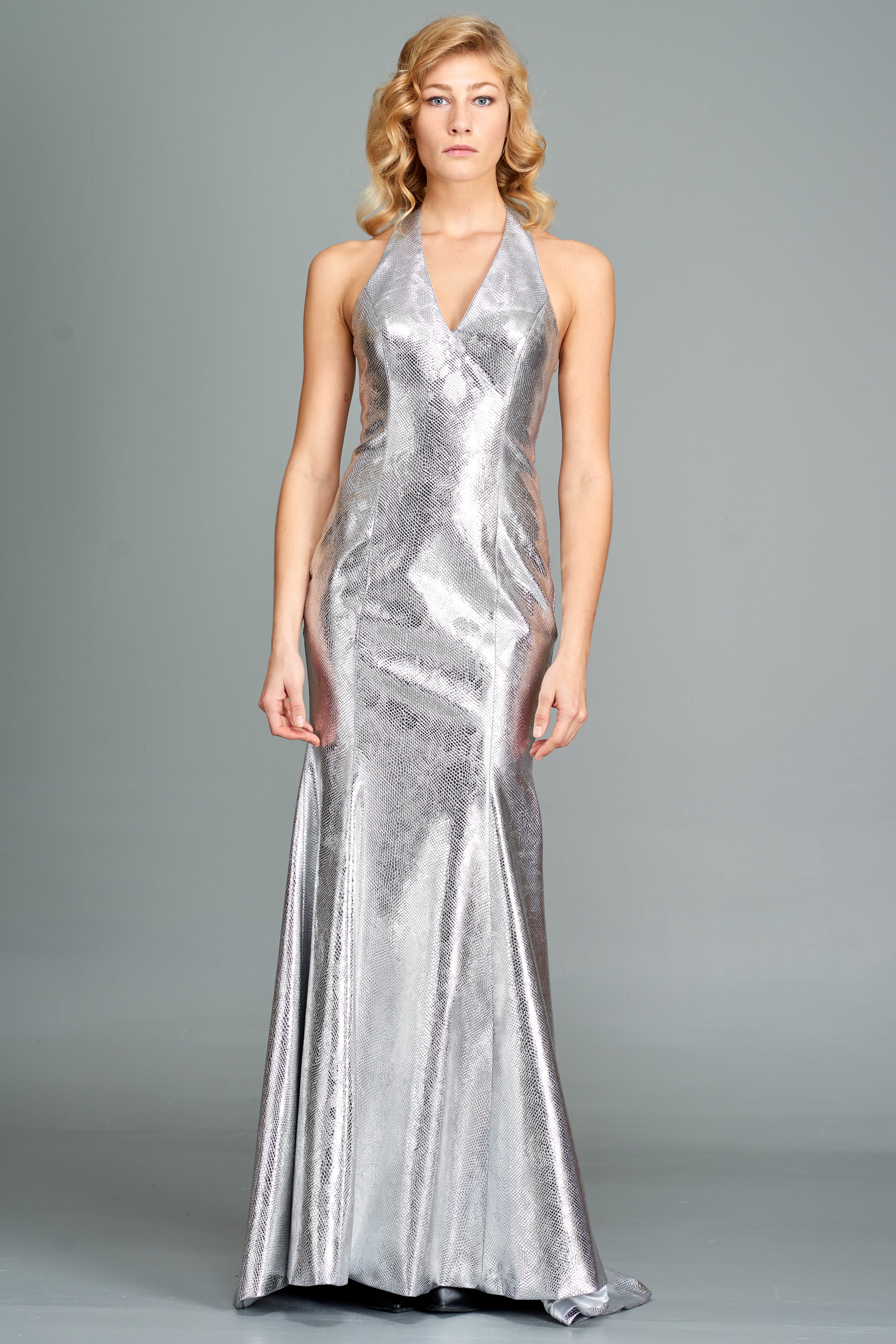 Halter Neckline Metallic Leatherette Gown Black Halter Neckline Metallic Leatherette Gown Black