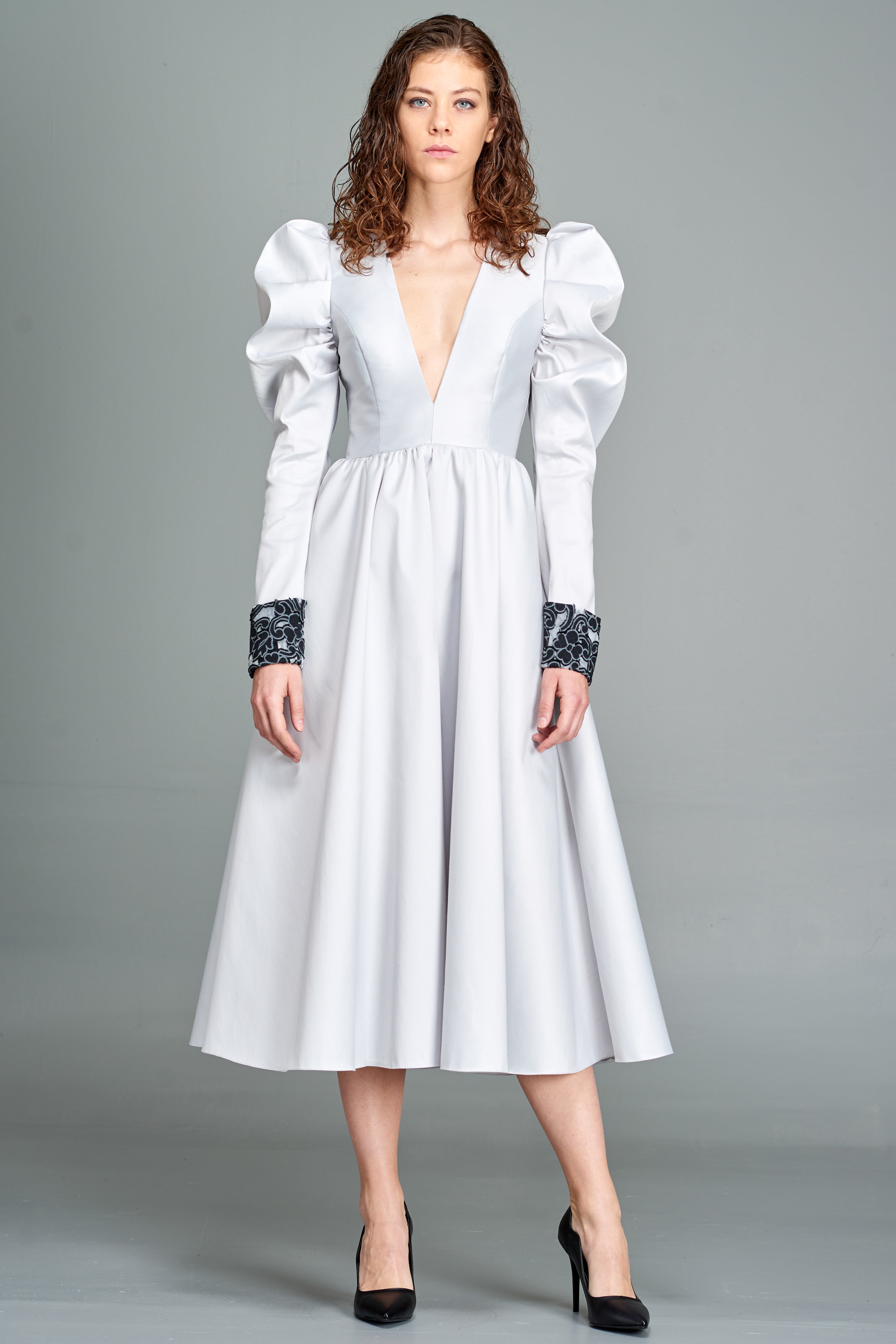 Puffed-Sleeve Taffeta Midi Dress MUSTARD Puffed-Sleeve Taffeta Midi Dress MUSTARD