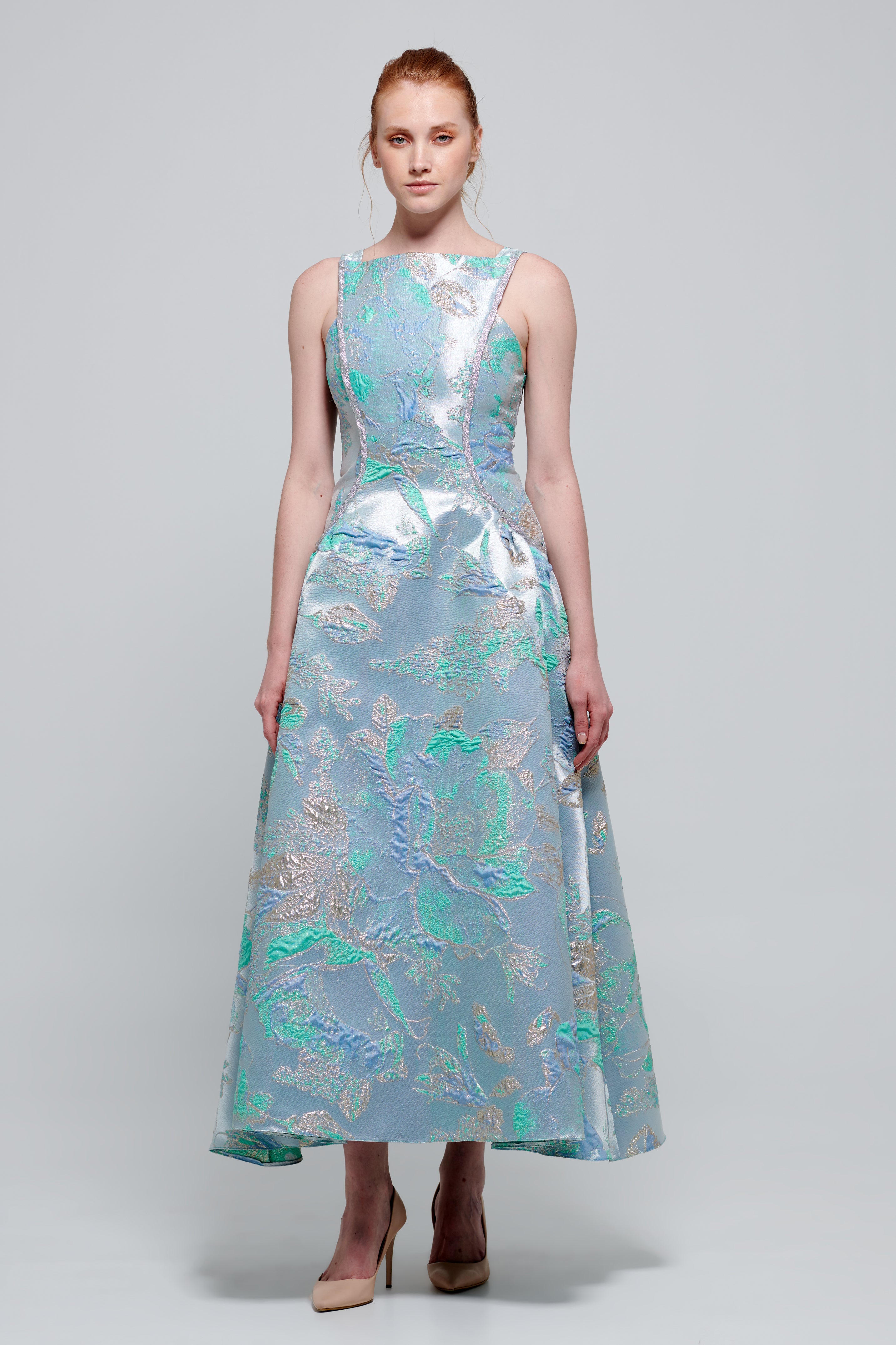 Bateau Neckline Midi Length Floral Jacquard Dress Mint Bateau Neckline Midi Length Floral Jacquard Dress Mint