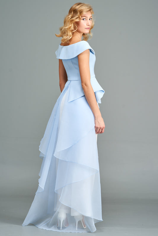 Off-Shoulder Cotton Twill Organza Top with Classic Wide Jacquard Pant