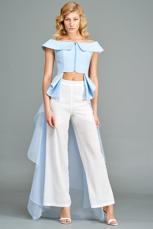 Off-Shoulder Cotton Twill Organza Top with Classic Wide Jacquard Pant