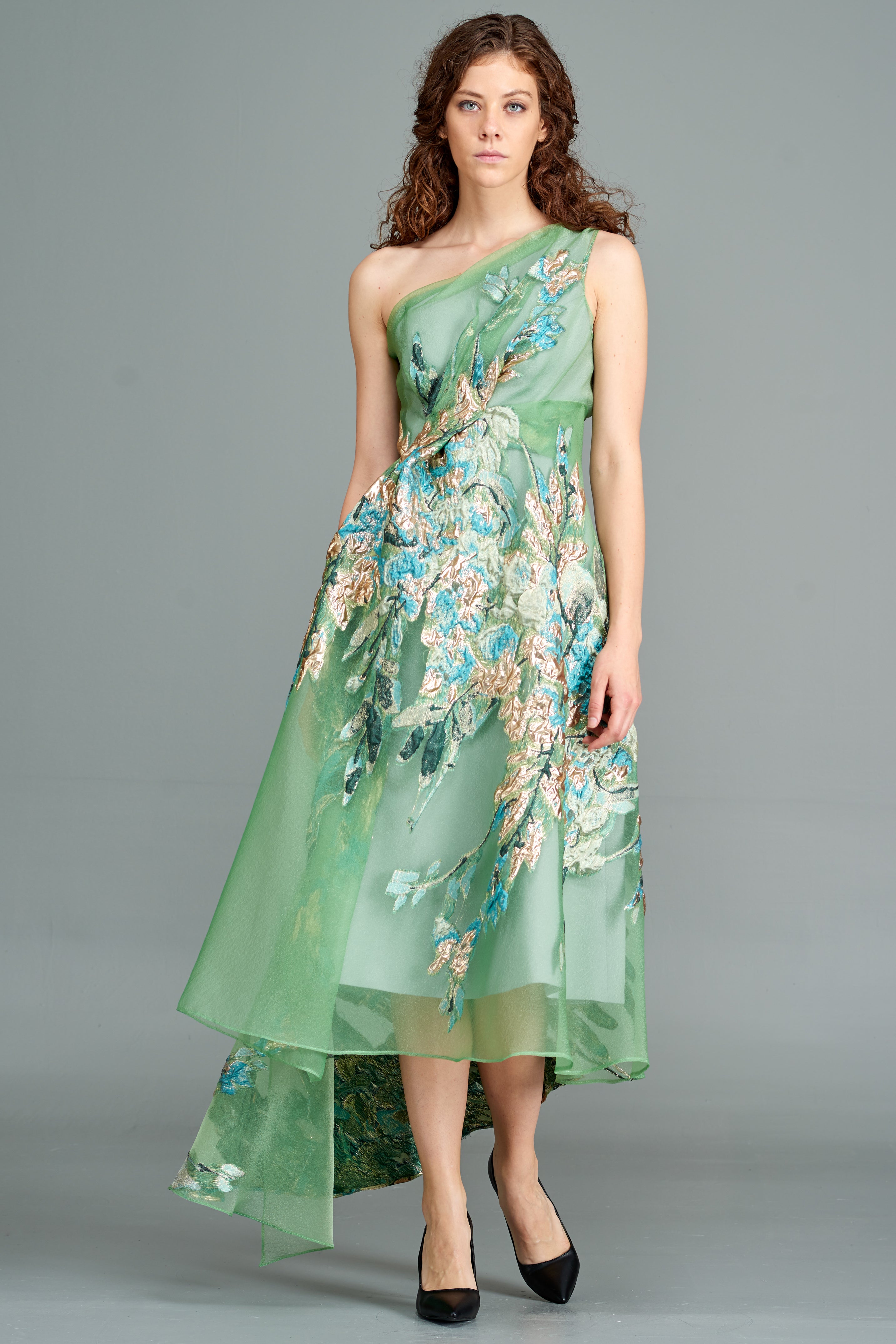 one shoulder jacquard dress One Shoulder Jacquard Mermaid Gown With Drape Detail In Cobalt Teal