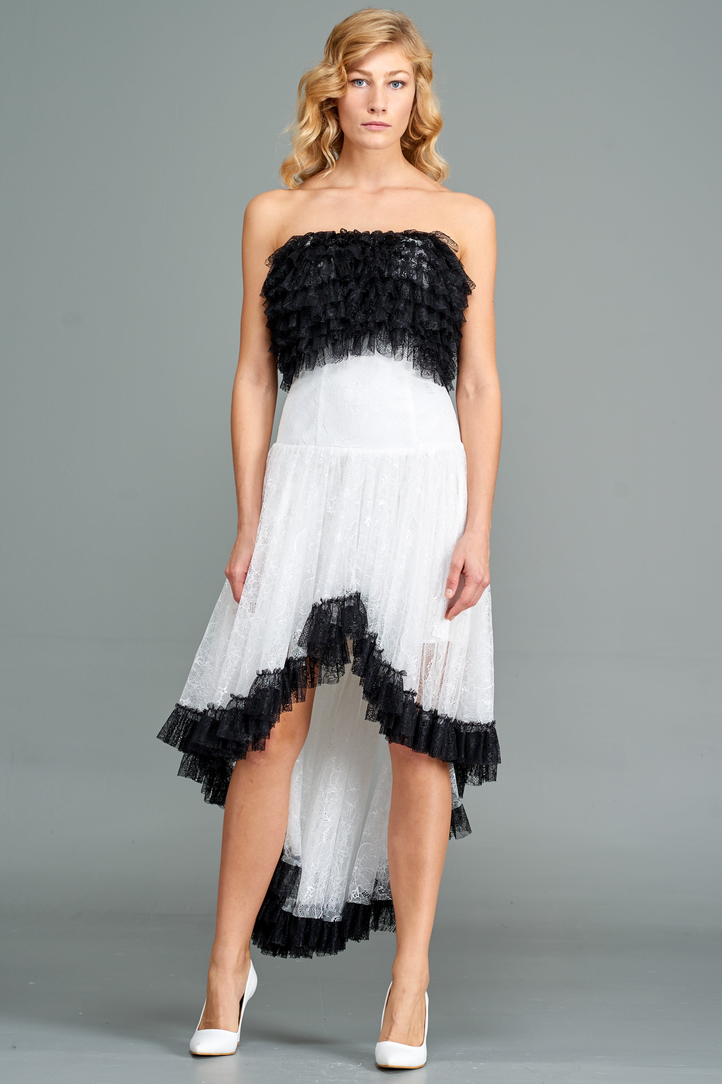 Two-Toned Lace Ruffled High-Low Dress John Paul Ataker Two-Toned Lace Ruffled High-Low Dress John Paul Ataker