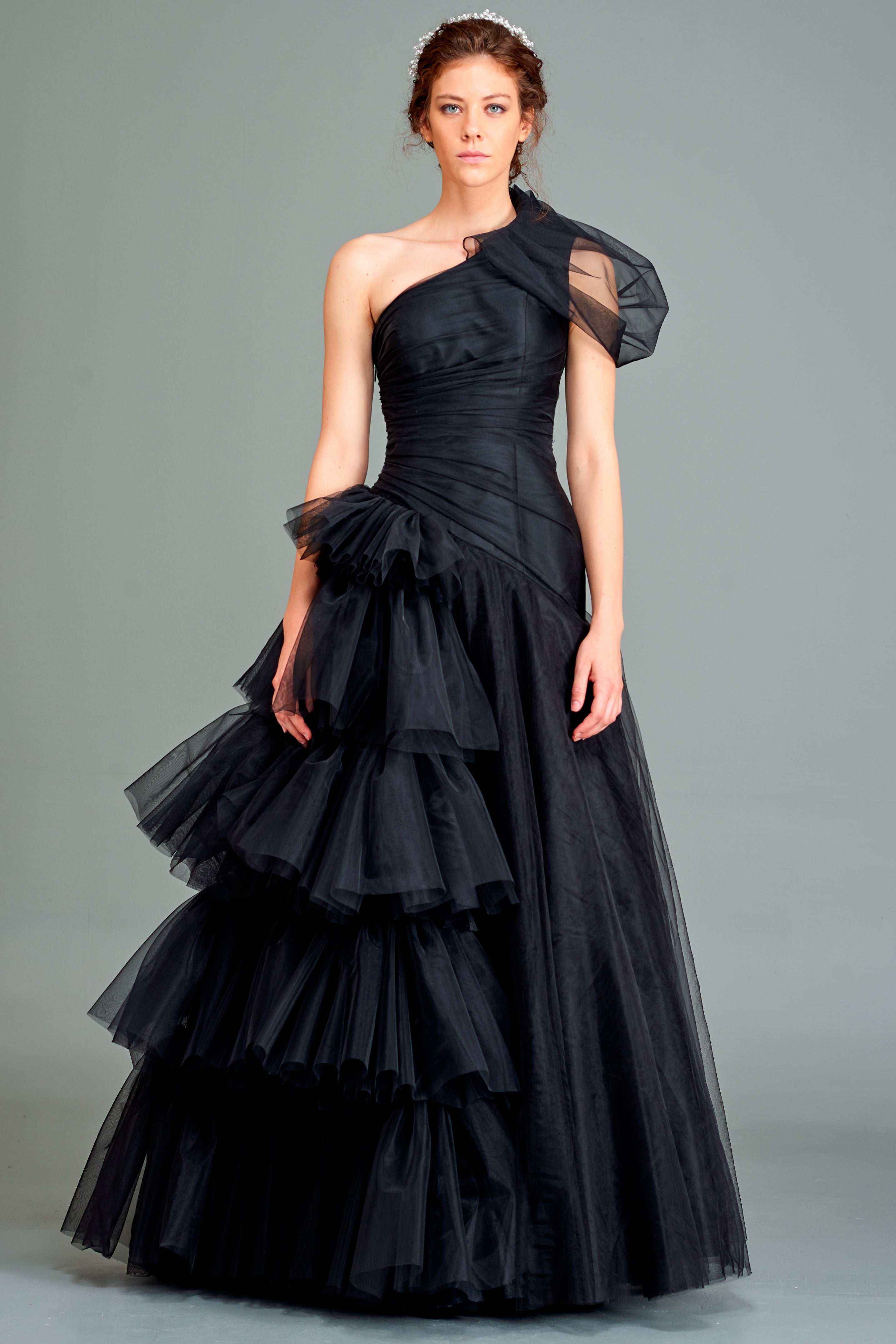 Draped Layered Tulle Gown Black Draped Layered Tulle Gown Black