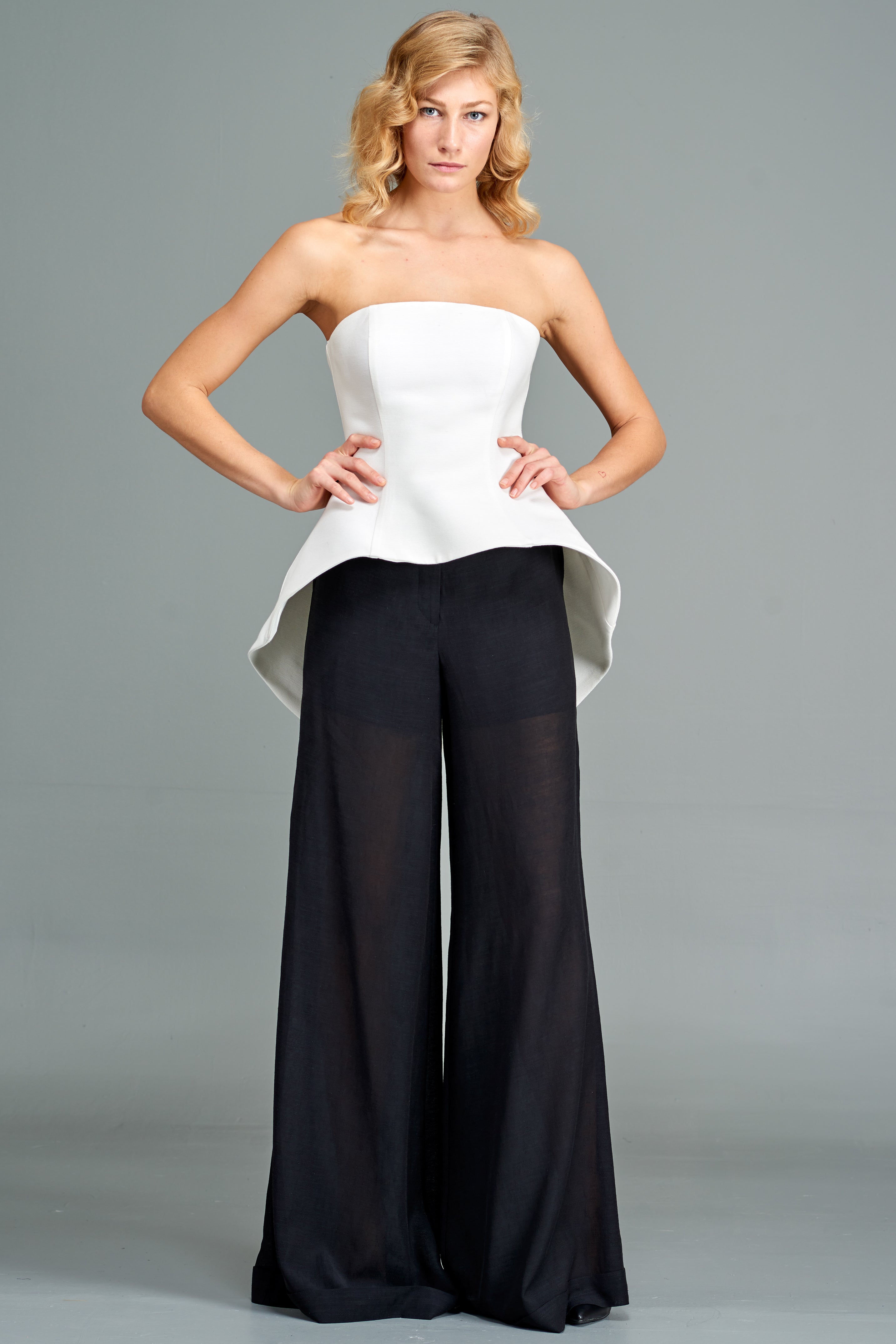 Strapless Peplum Cotton Twill Top with High-Waisted Jacquard Pant