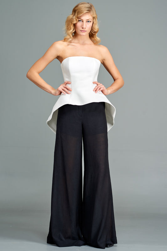 Strapless Peplum Cotton Twill Top with High-Waisted Jacquard Pant