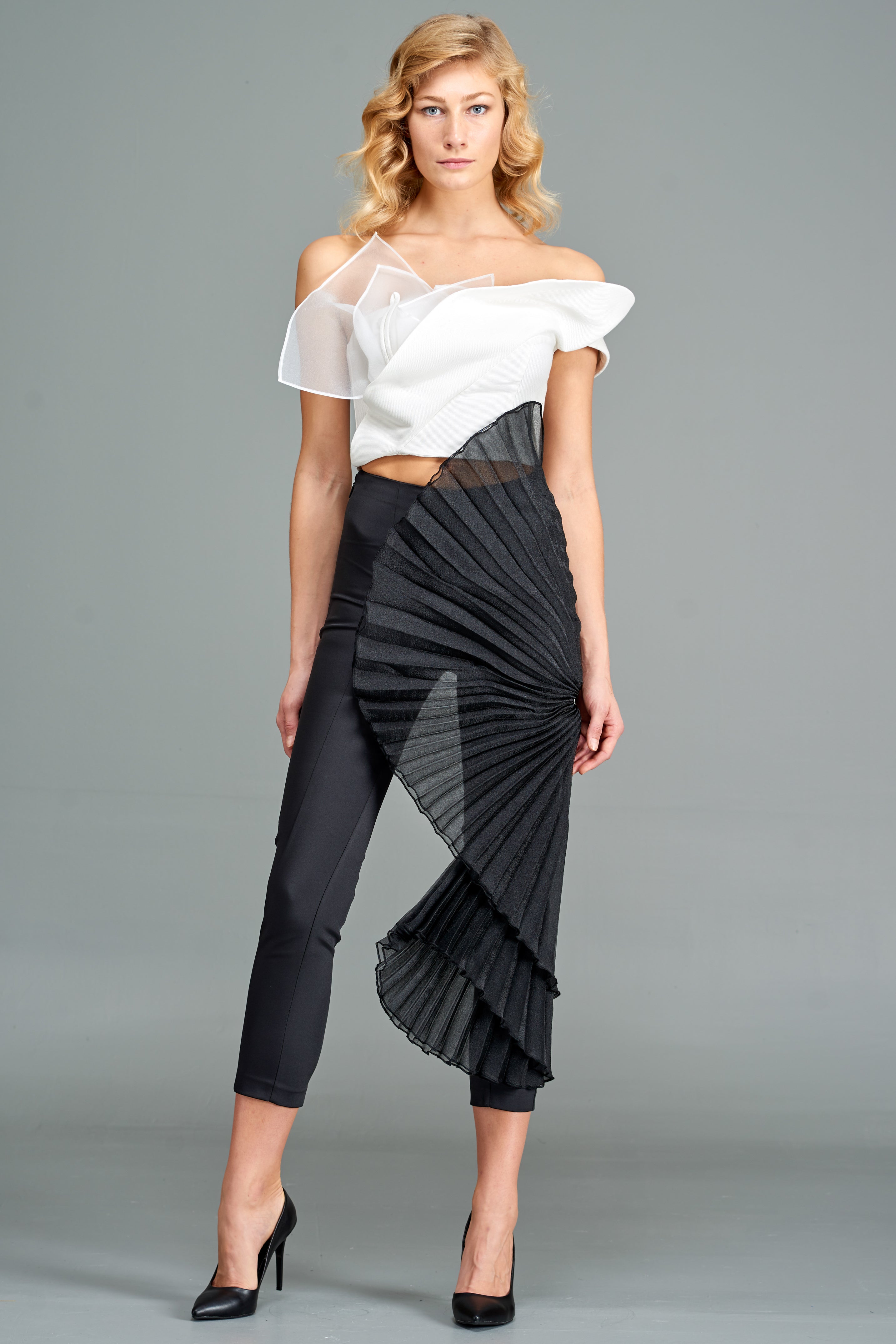 Draped Organza and Faille Crop Top with Side Pleated Organza Detailed