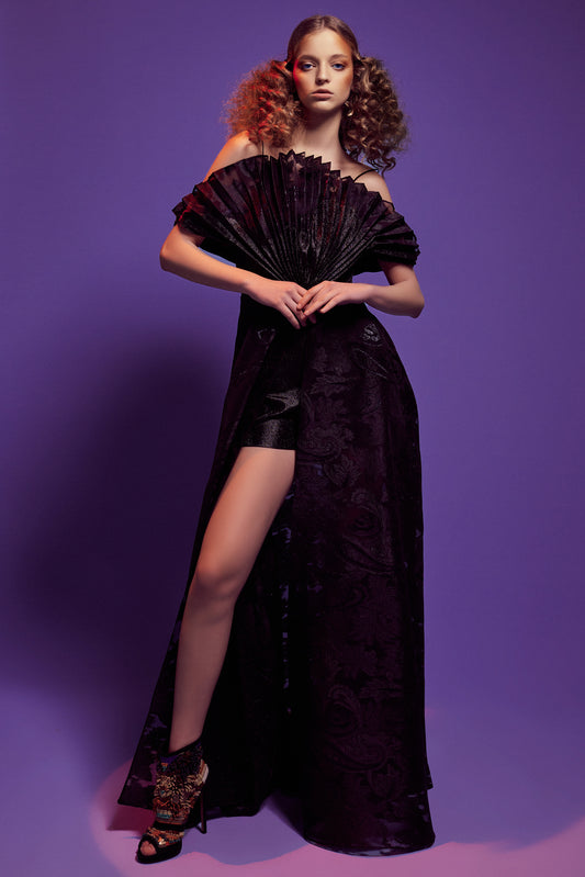 Pleated Metallic Jacquard Overskirt Jumpsuit