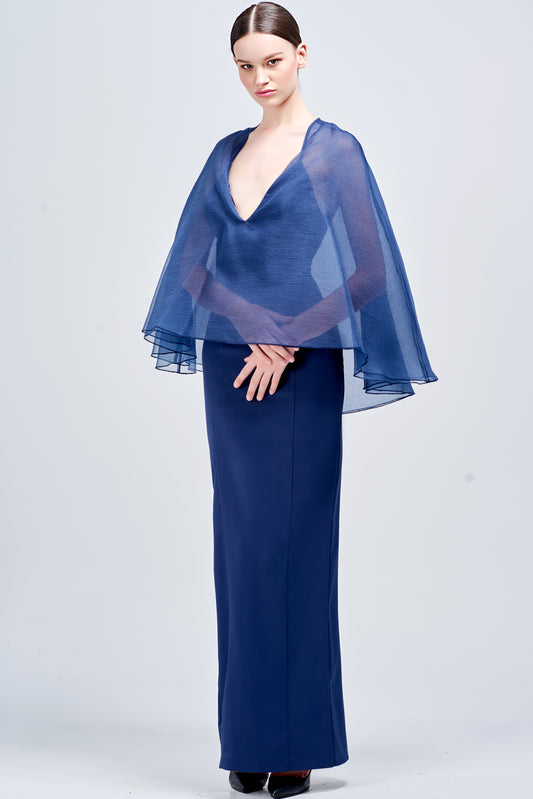 Organza Cape Detailed Long Dress