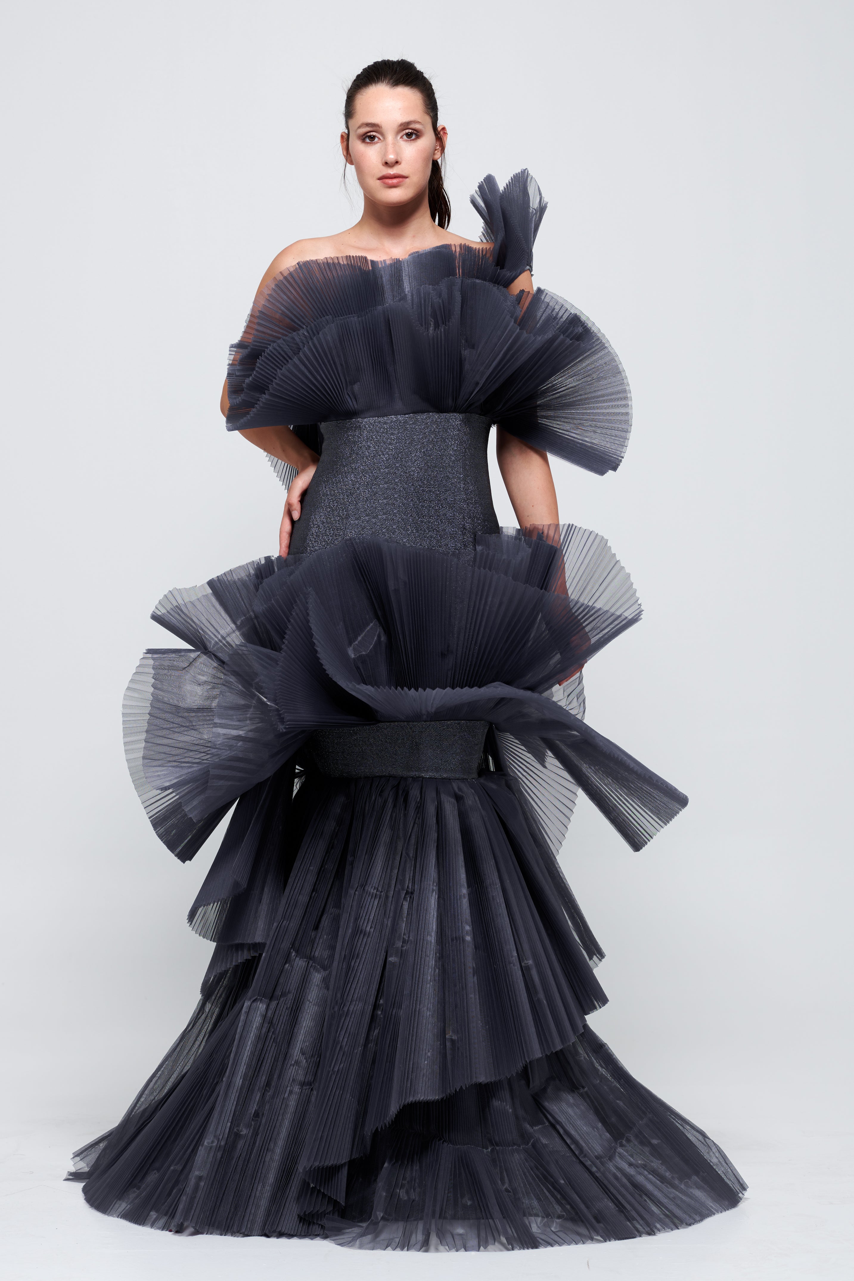 Plisse Bow Detailed One-Shoulder Long Fluffy Gown Charcoal Plisse Bow Detailed One-Shoulder Long Fluffy Gown Charcoal