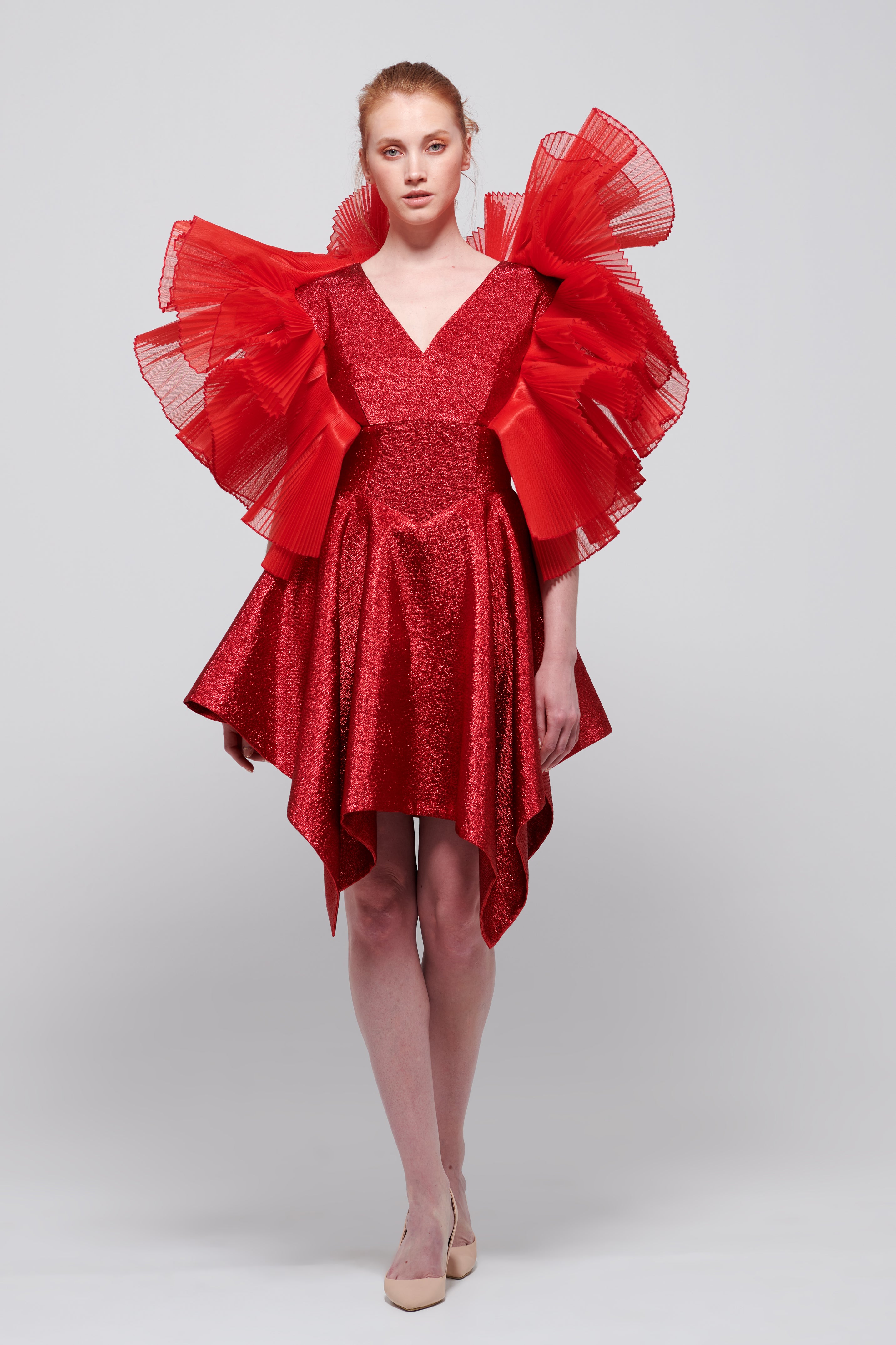 Organza Pleated Sleeve Detail Short Red Dress – John Paul Ataker