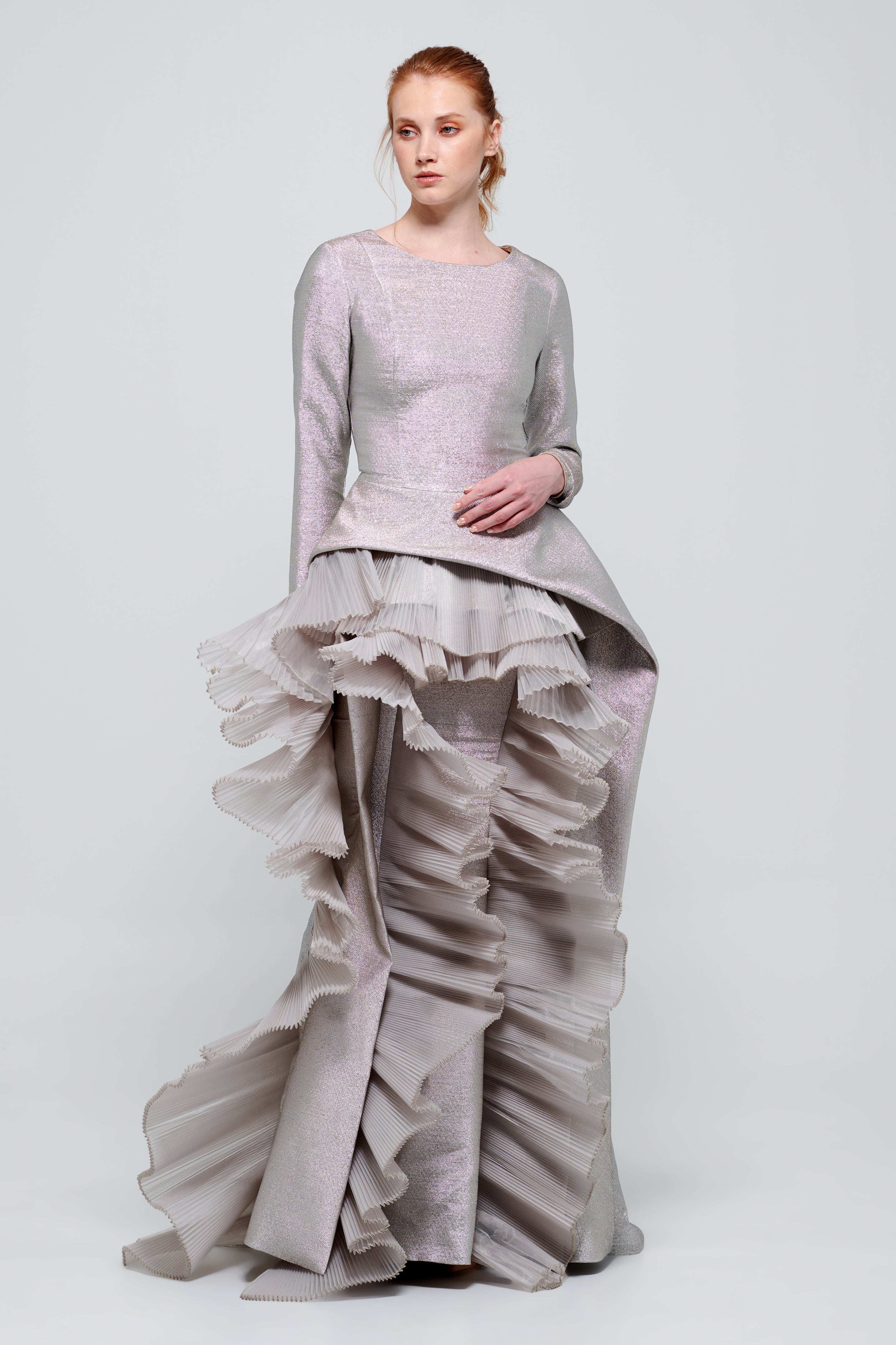Ruffled Peplum Detail Long Sleeve Gray Gown John Paul Ataker Ruffled Peplum Detail Long Sleeve Gray Gown John Paul Ataker