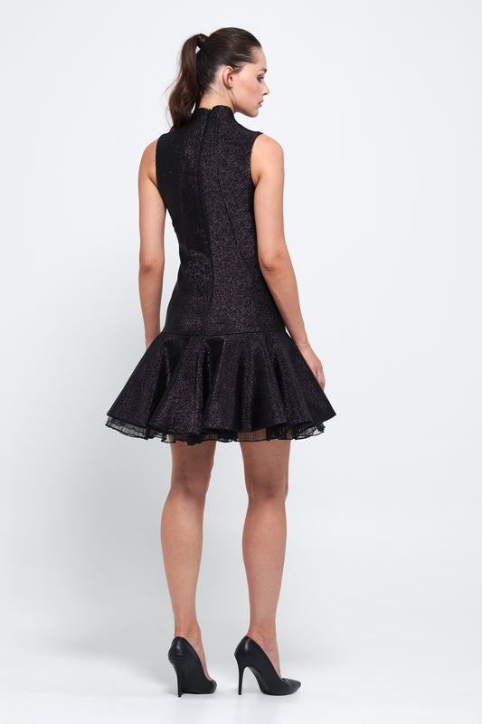 Stand Color Ruffle Detail Black Mini Dress