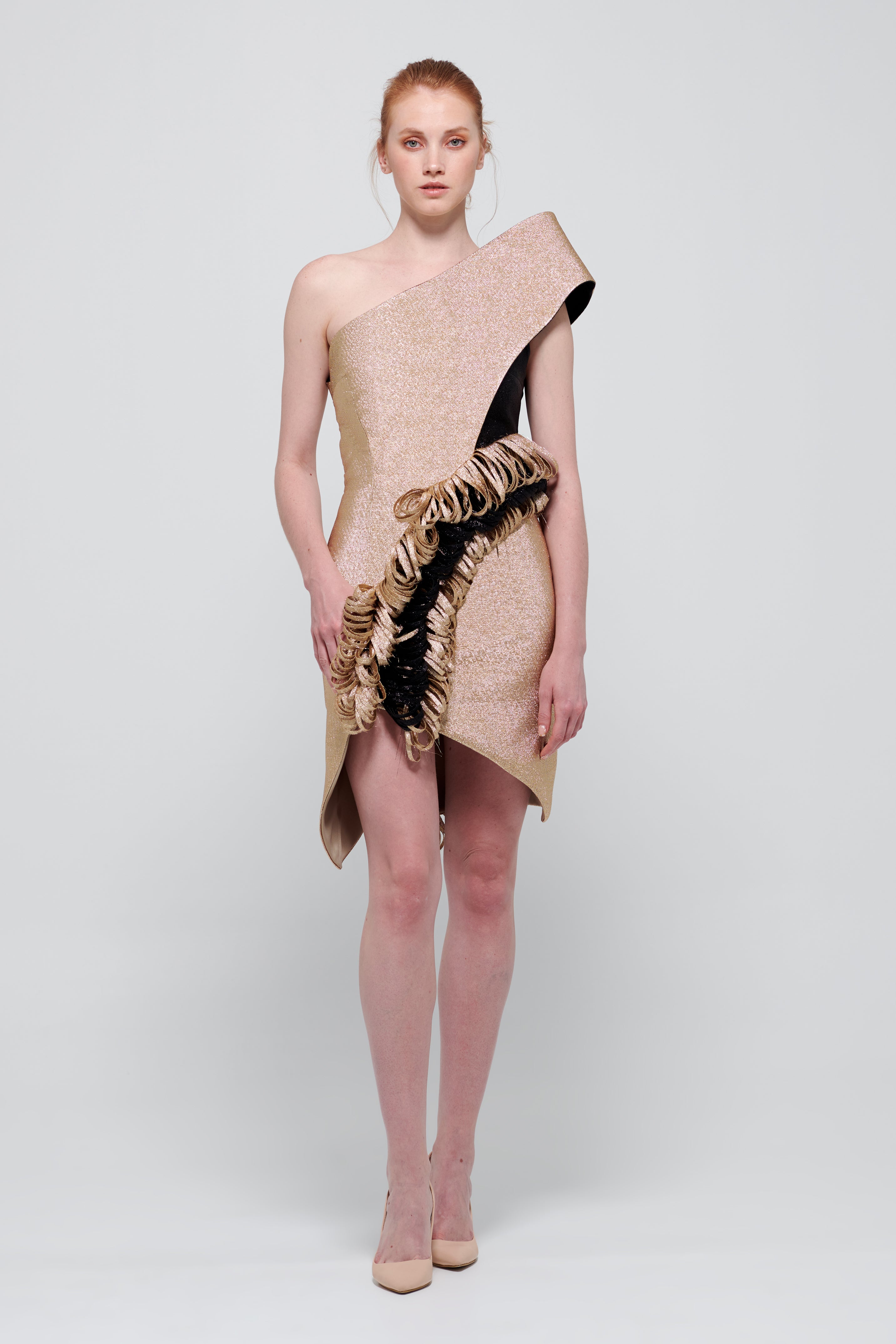 Symmetrical Slit Detail One Shoulder Mini Gold Dress John Paul Ataker Symmetrical Slit Detail One Shoulder Mini Gold Dress John Paul Ataker