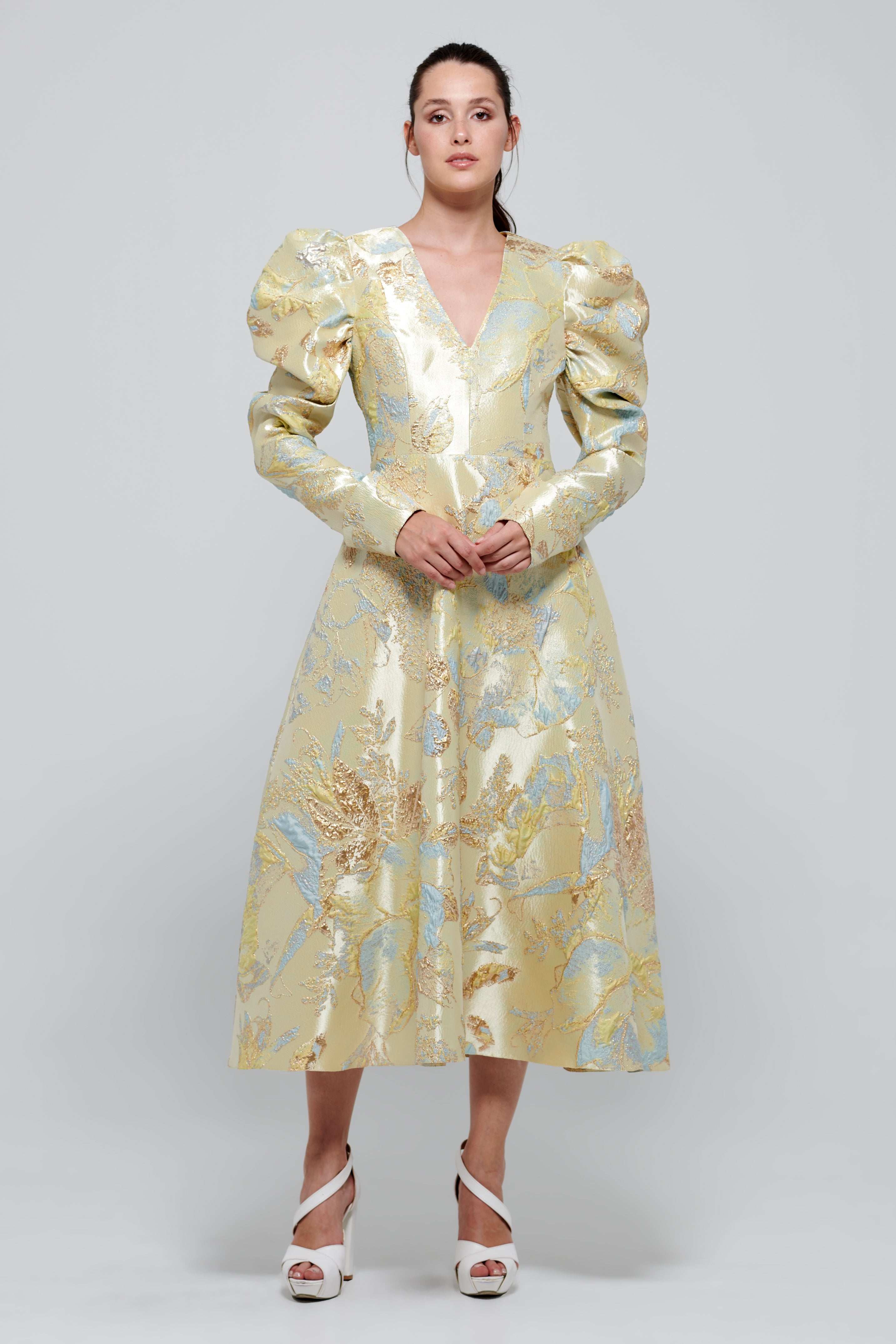 Puffy Sleeve V-Neck Midi Dress John Paul Ataker Puffy Sleeve V-Neck Midi Dress John Paul Ataker