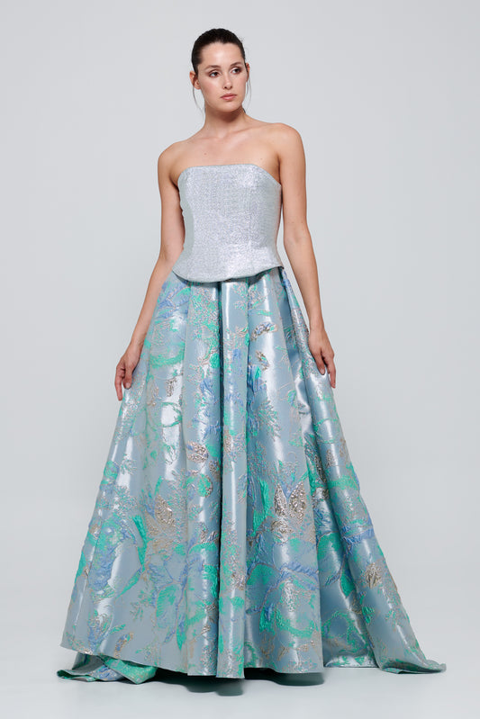 Strapless Two Tone Long Jacquard Dress