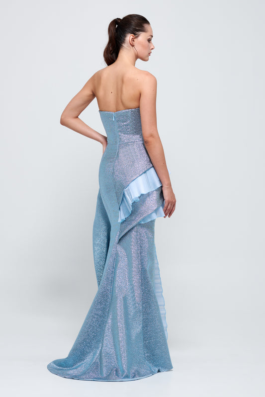 Ruffled Strapless Long Blue Gown